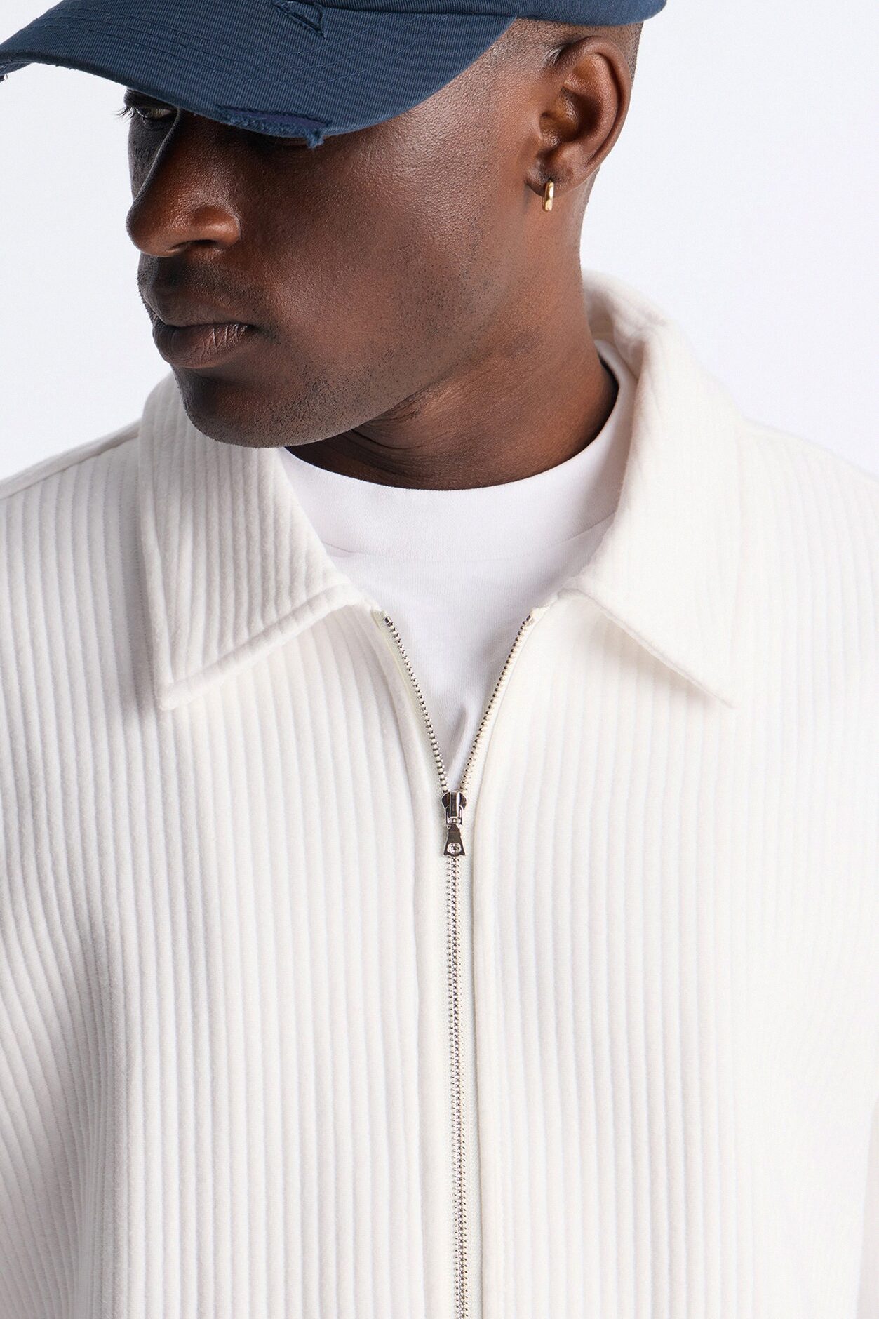 Textured Oversized Fleece Zip Up Shirt - Cream