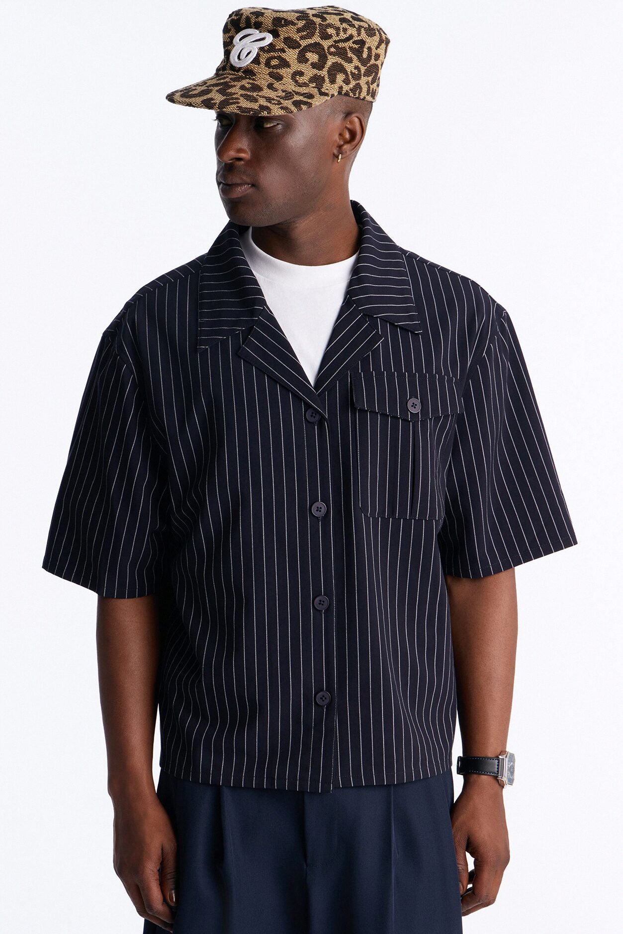 Maison Tailored Refined Stripe Button Up Shirt - Navy