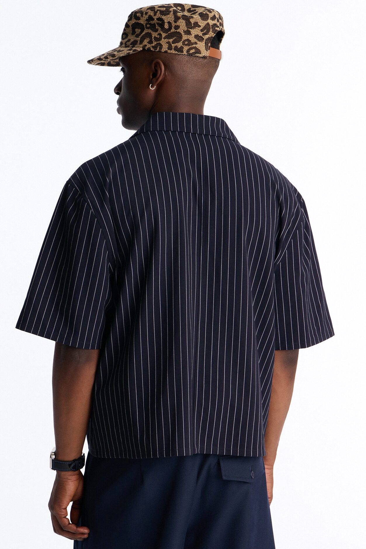 Maison Tailored Refined Stripe Button Up Shirt - Navy