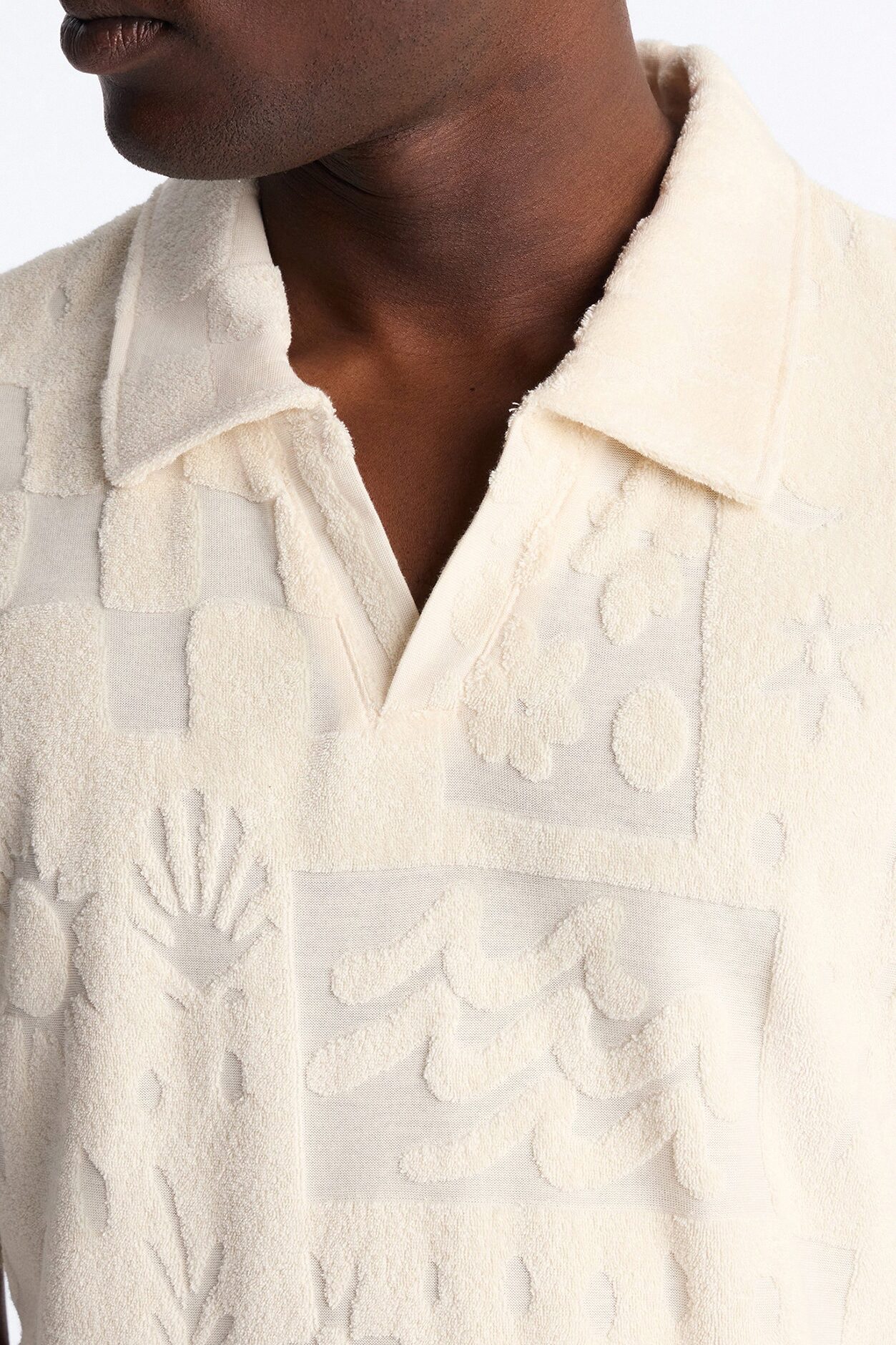 Cloud Jacquard Terry Johnny Collar Shirt - Cream