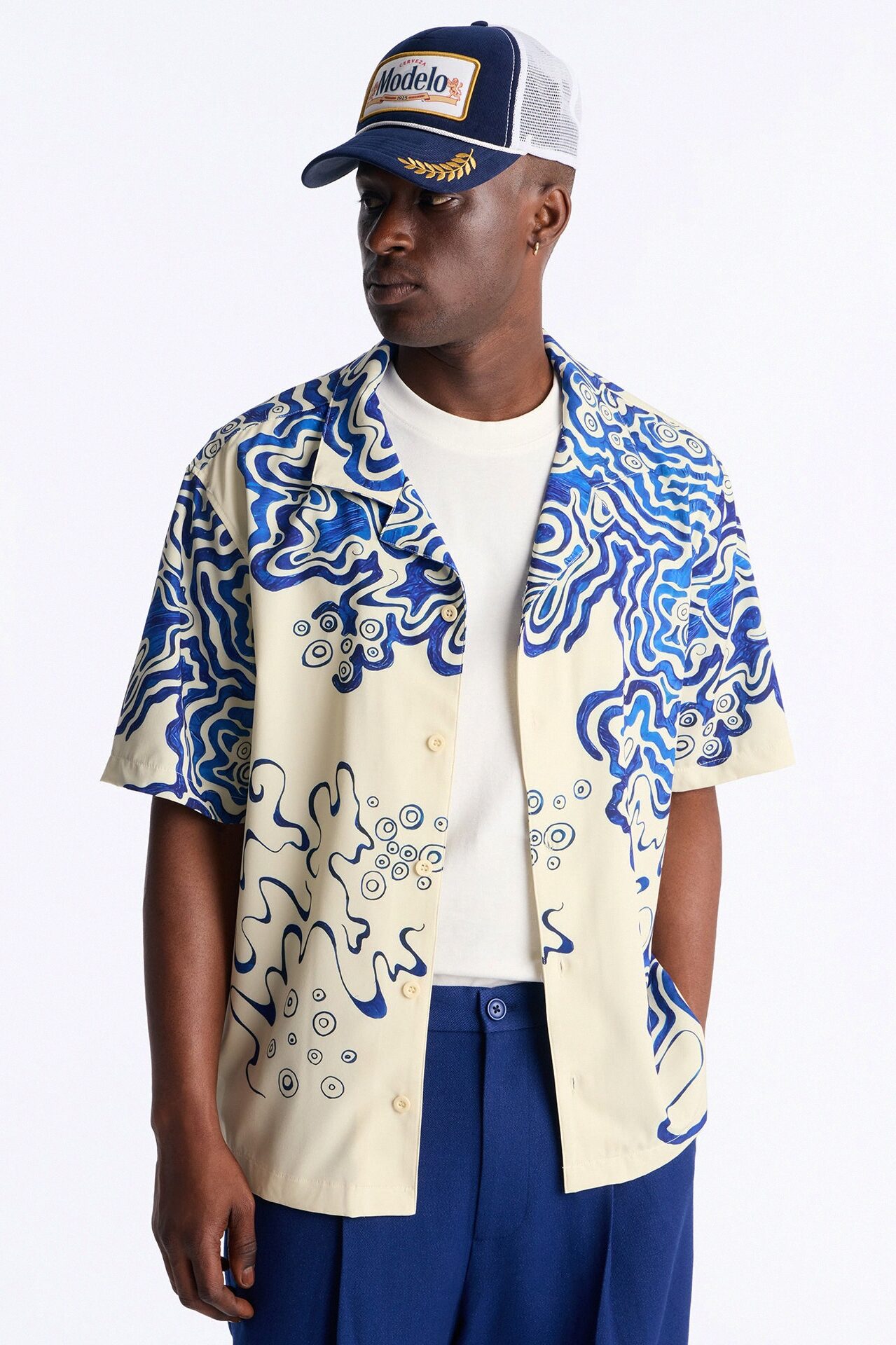Relaxed Abstract Mykonos Cuban Collar Button Up Shirt - Blue/combo