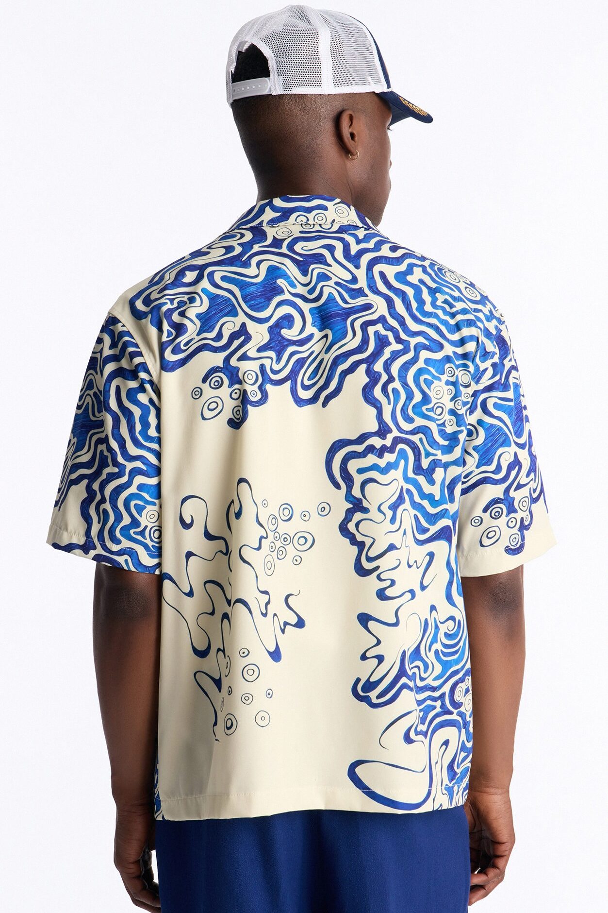 Relaxed Abstract Mykonos Cuban Collar Button Up Shirt - Blue/combo