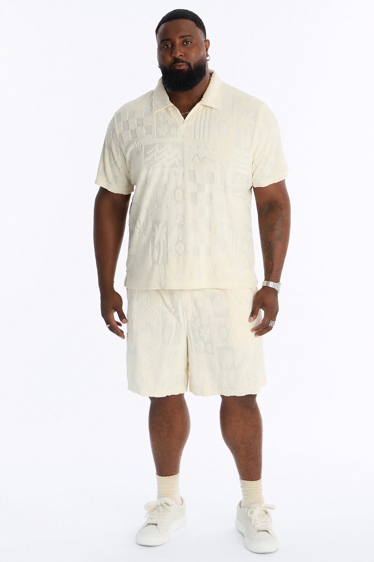 Cloud Jacquard Terry Johnny Collar Shirt - Cream