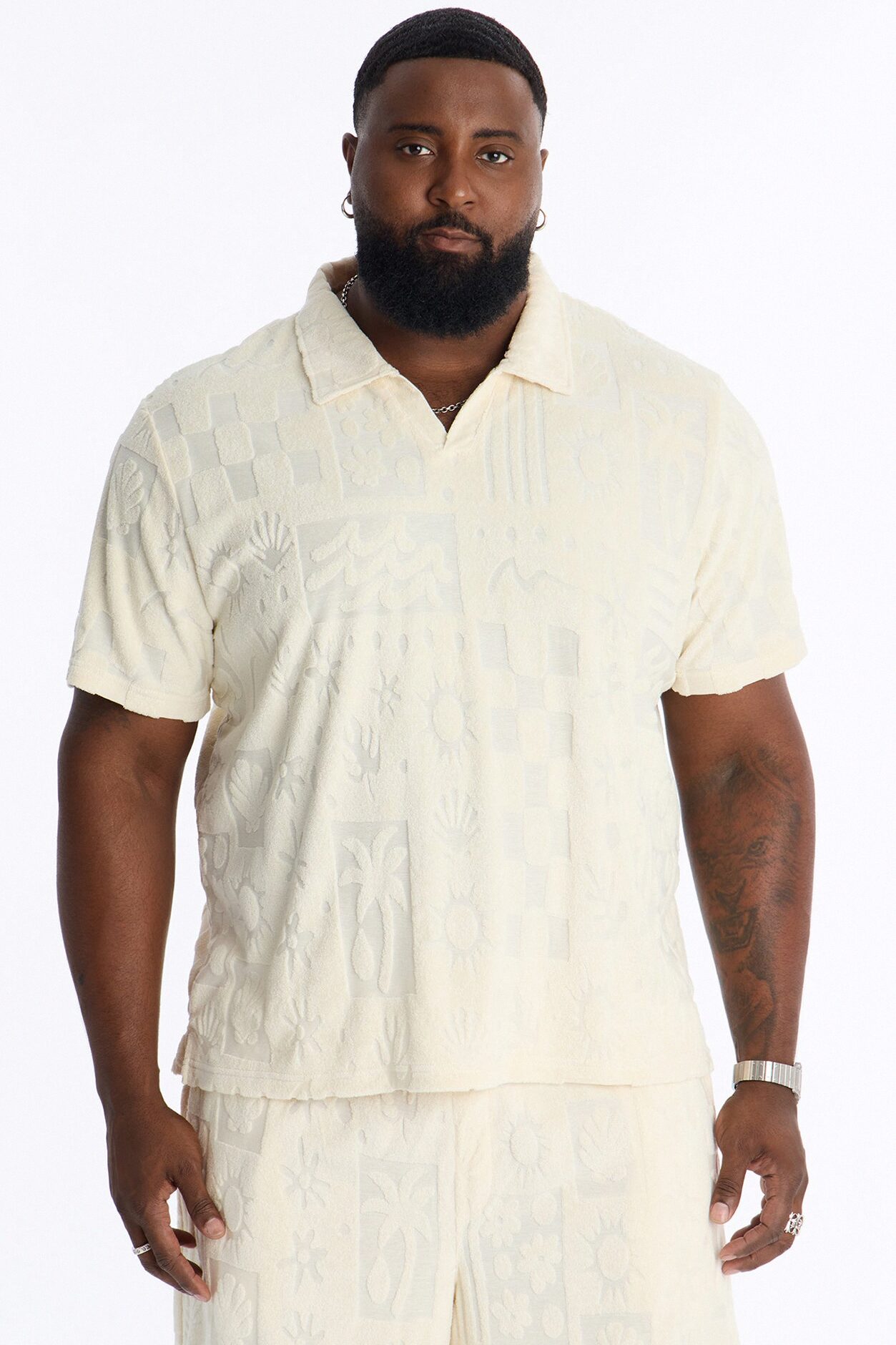 Cloud Jacquard Terry Johnny Collar Shirt - Cream