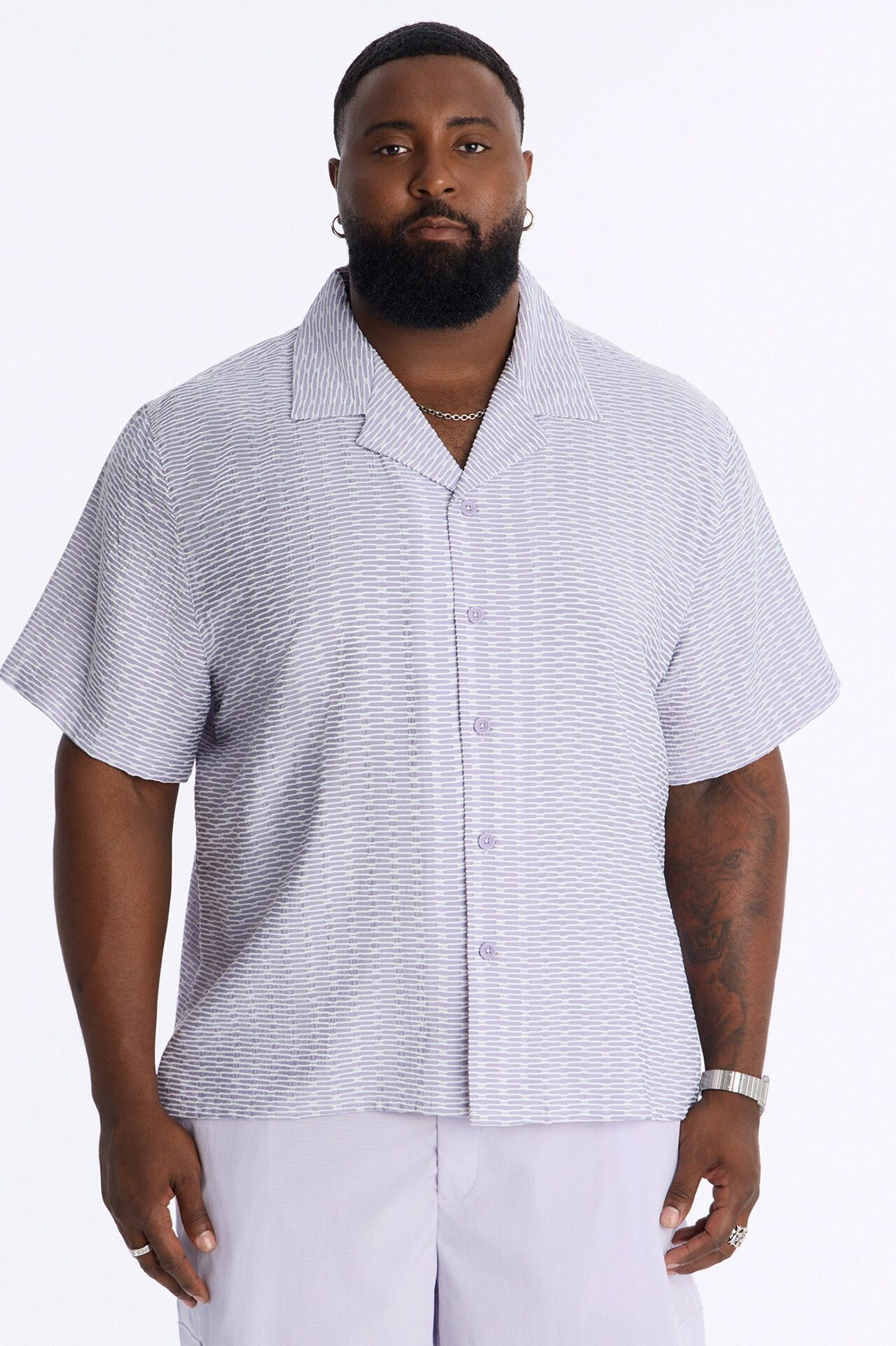 Chenille Terrace Textured Cuban Collar Button Up Shirt - Purple