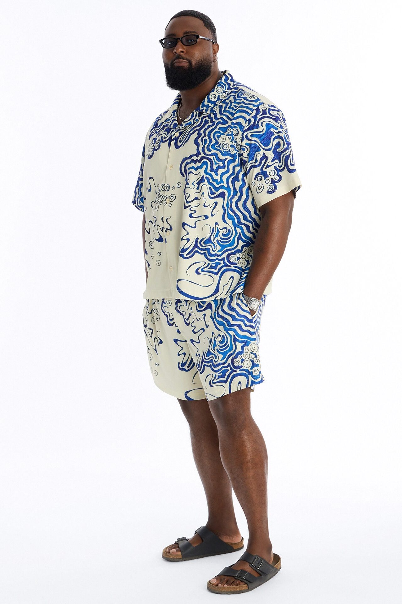 Relaxed Abstract Mykonos Cuban Collar Button Up Shirt - Blue/combo