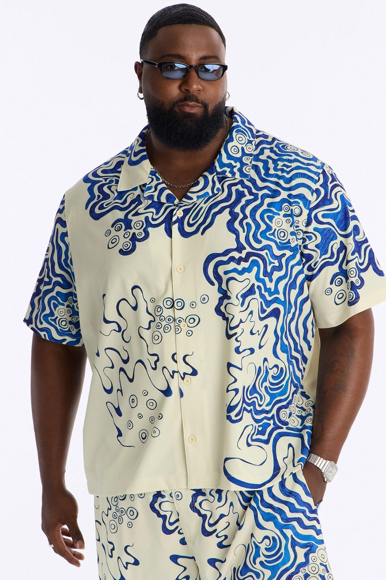 Relaxed Abstract Mykonos Cuban Collar Button Up Shirt - Blue/combo