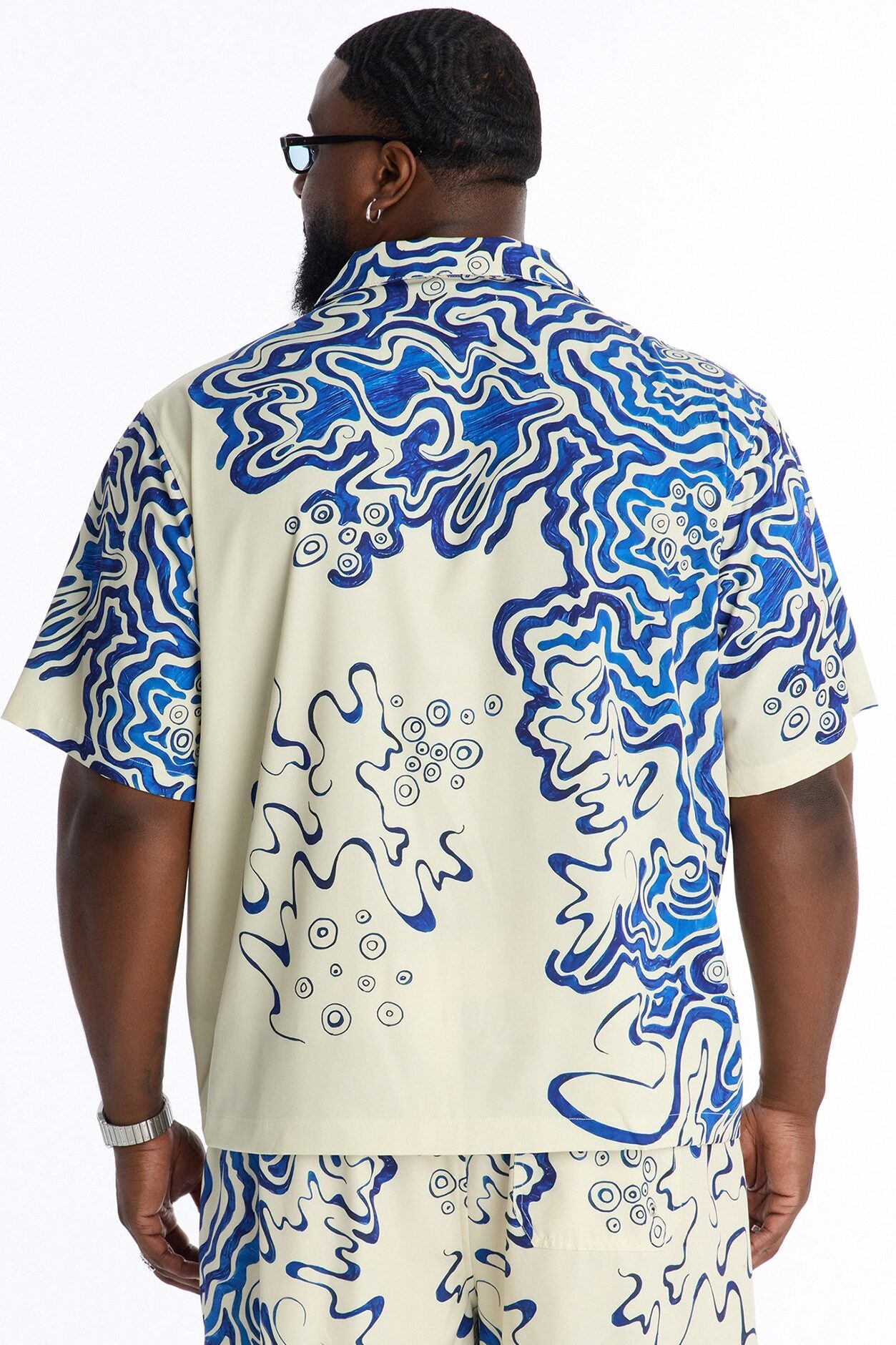 Relaxed Abstract Mykonos Cuban Collar Button Up Shirt - Blue/combo