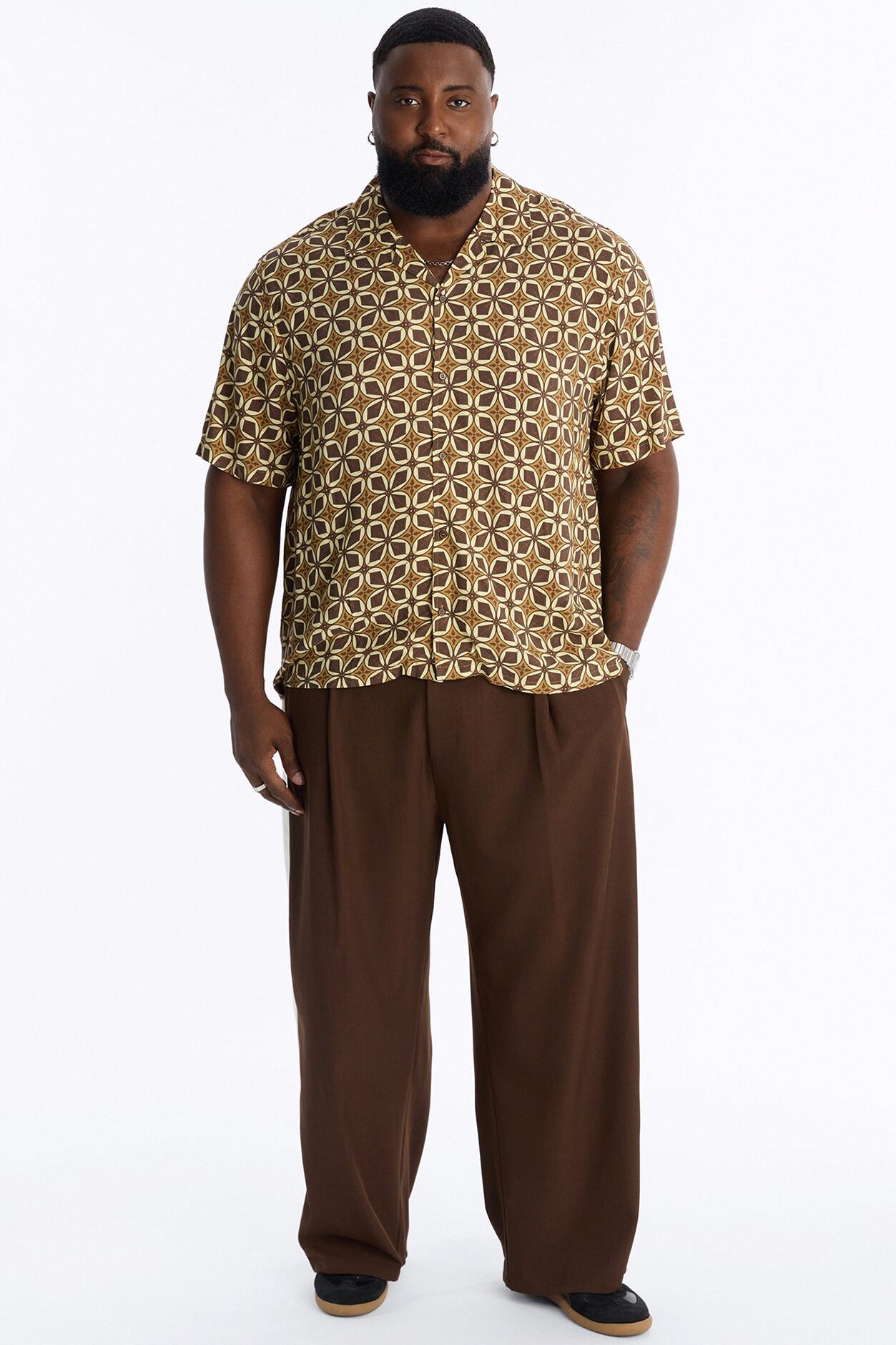 Relaxed Oxalis Cuban Collar Button Up Shirt - Brown/combo