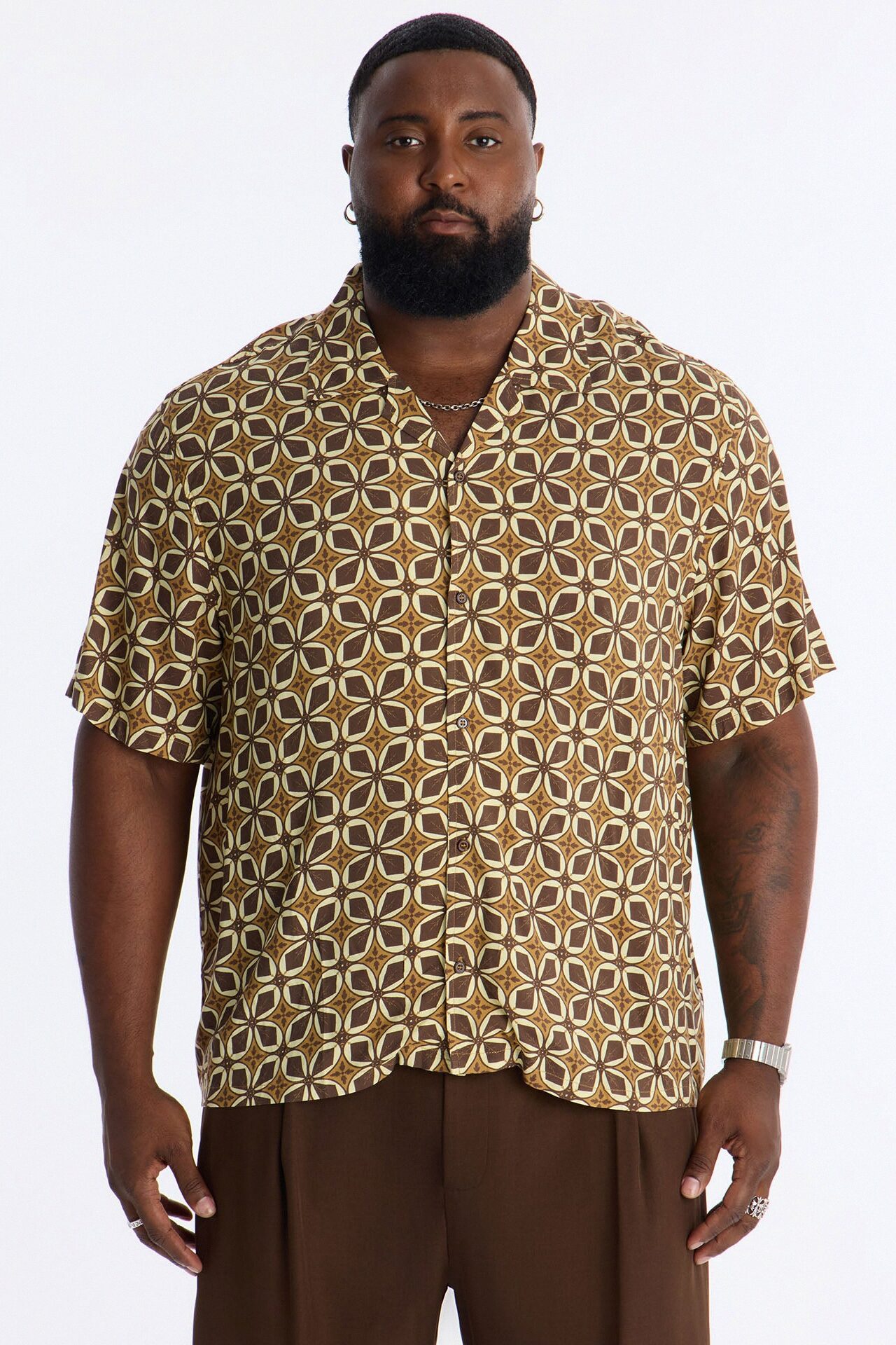 Relaxed Oxalis Cuban Collar Button Up Shirt - Brown/combo