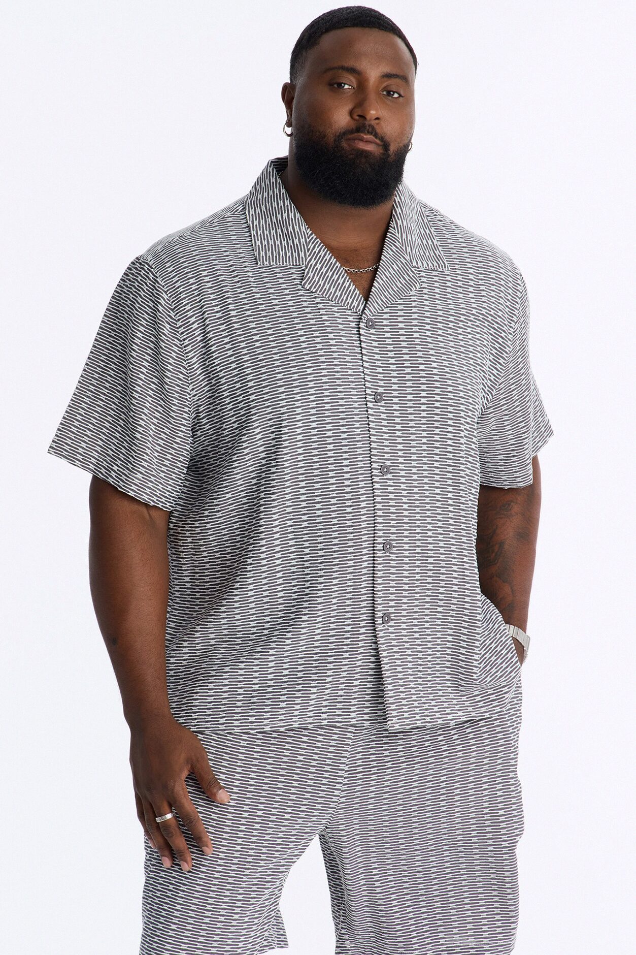 Chenille Terrace Textured Cuban Collar Button Up Shirt - Grey