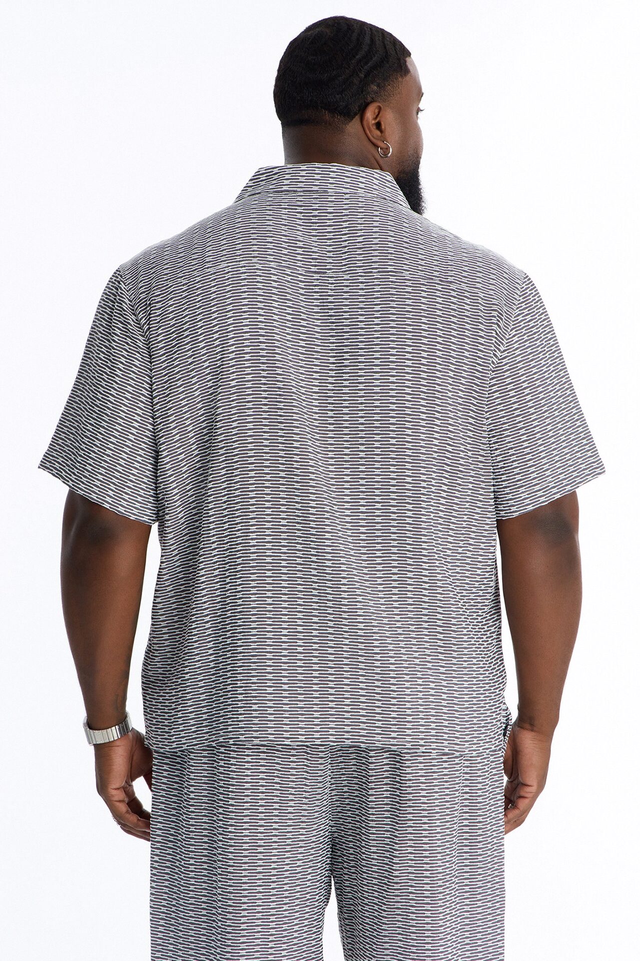 Chenille Terrace Textured Cuban Collar Button Up Shirt - Grey
