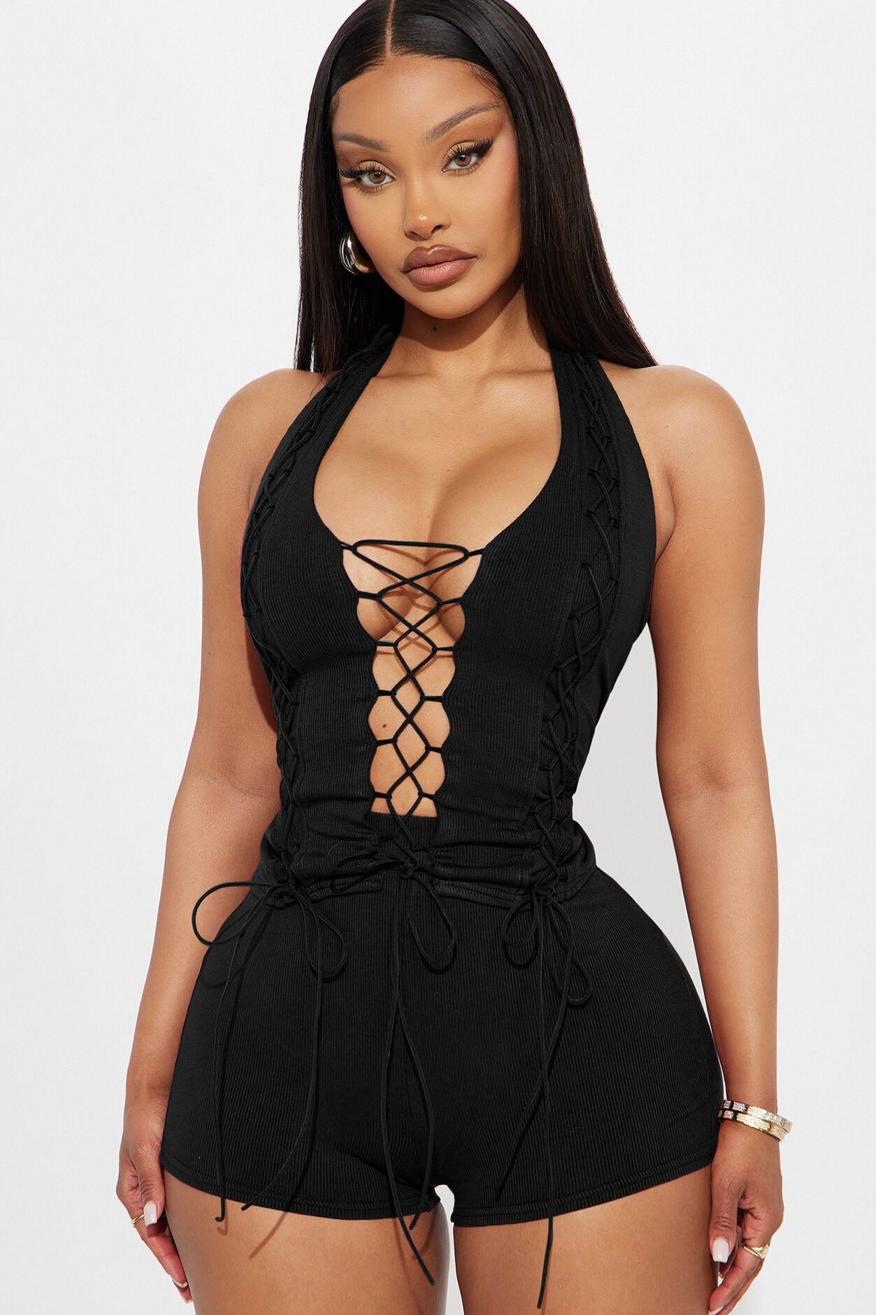 Midnight Madness Lace Up Halter Top and Short Set - Black