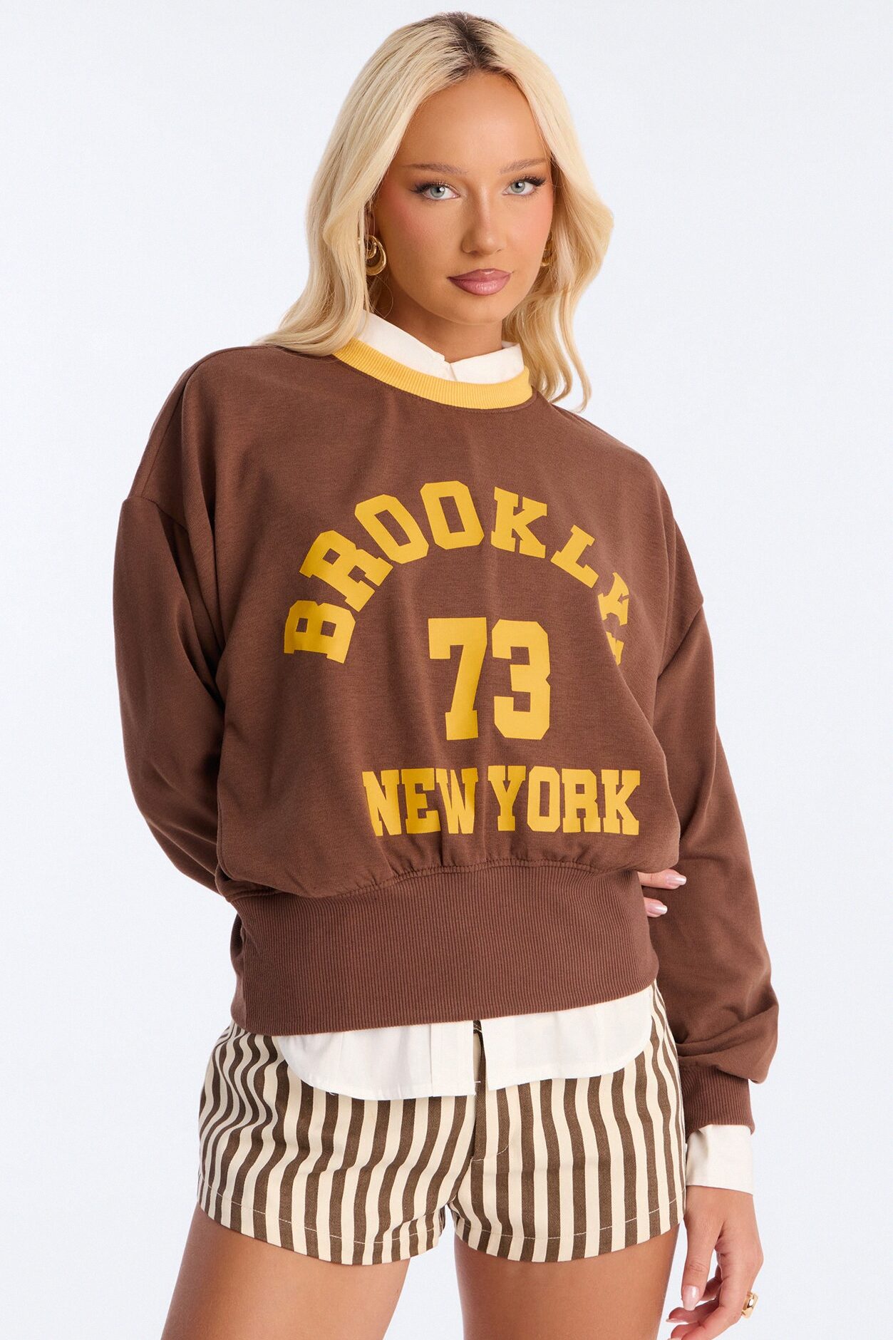 Brooklyn Varsity League Fleece Crew Neck Sweatshirt - Brown