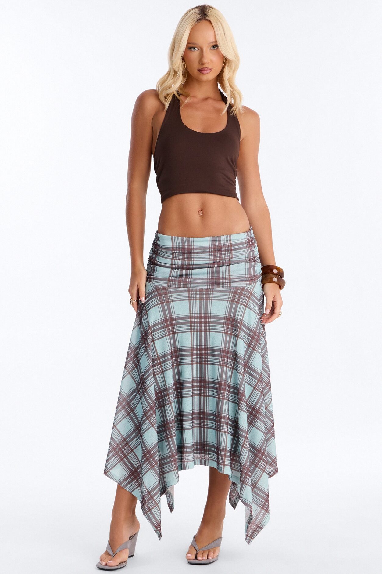 Delilah Asymmetrical Plaid Midi Skirt - Blue/combo