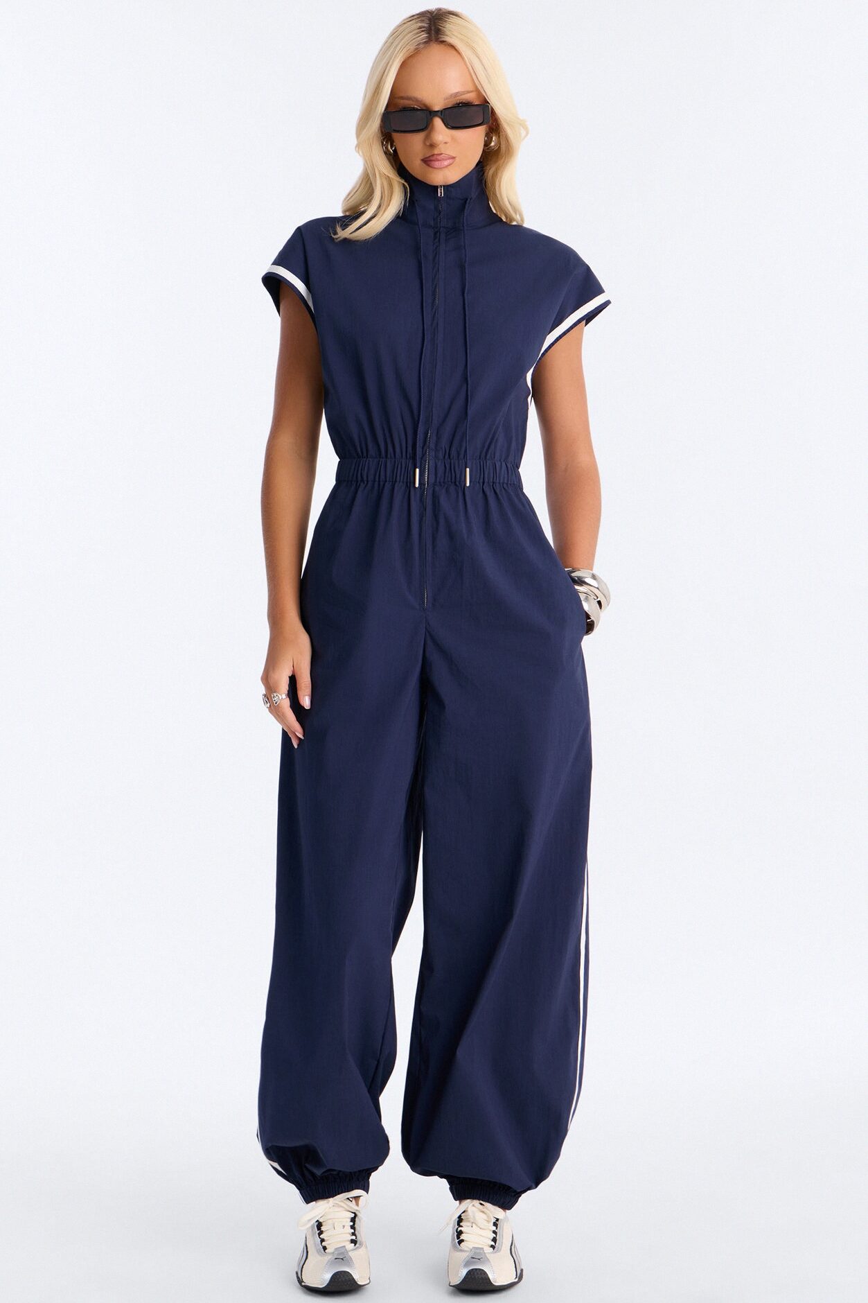 Out The Door Windbreaker Jogger Pant Jumpsuit - Navy