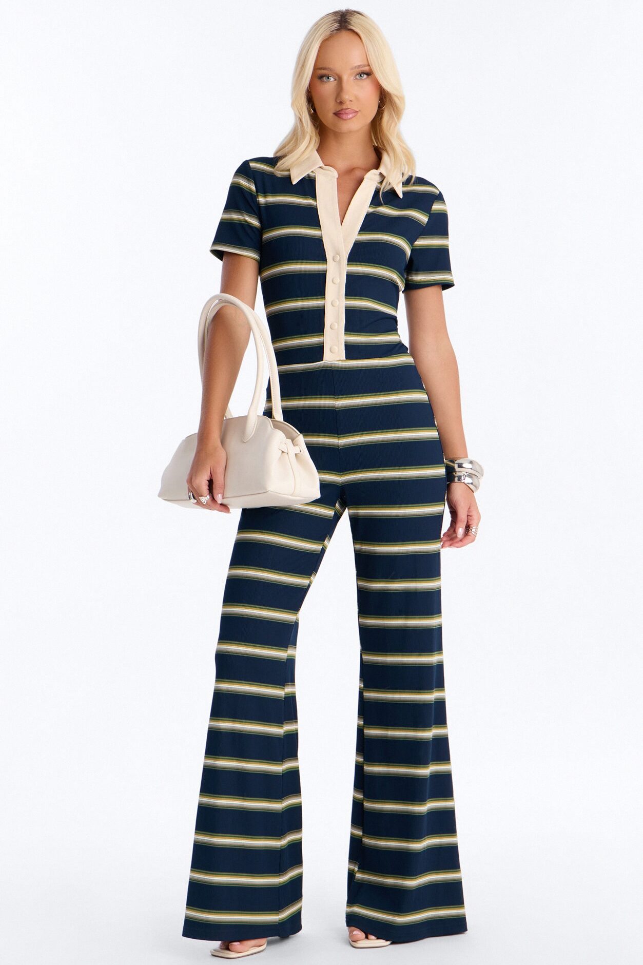 Too In Line Ribbed Striped Jumpsuit - Navy