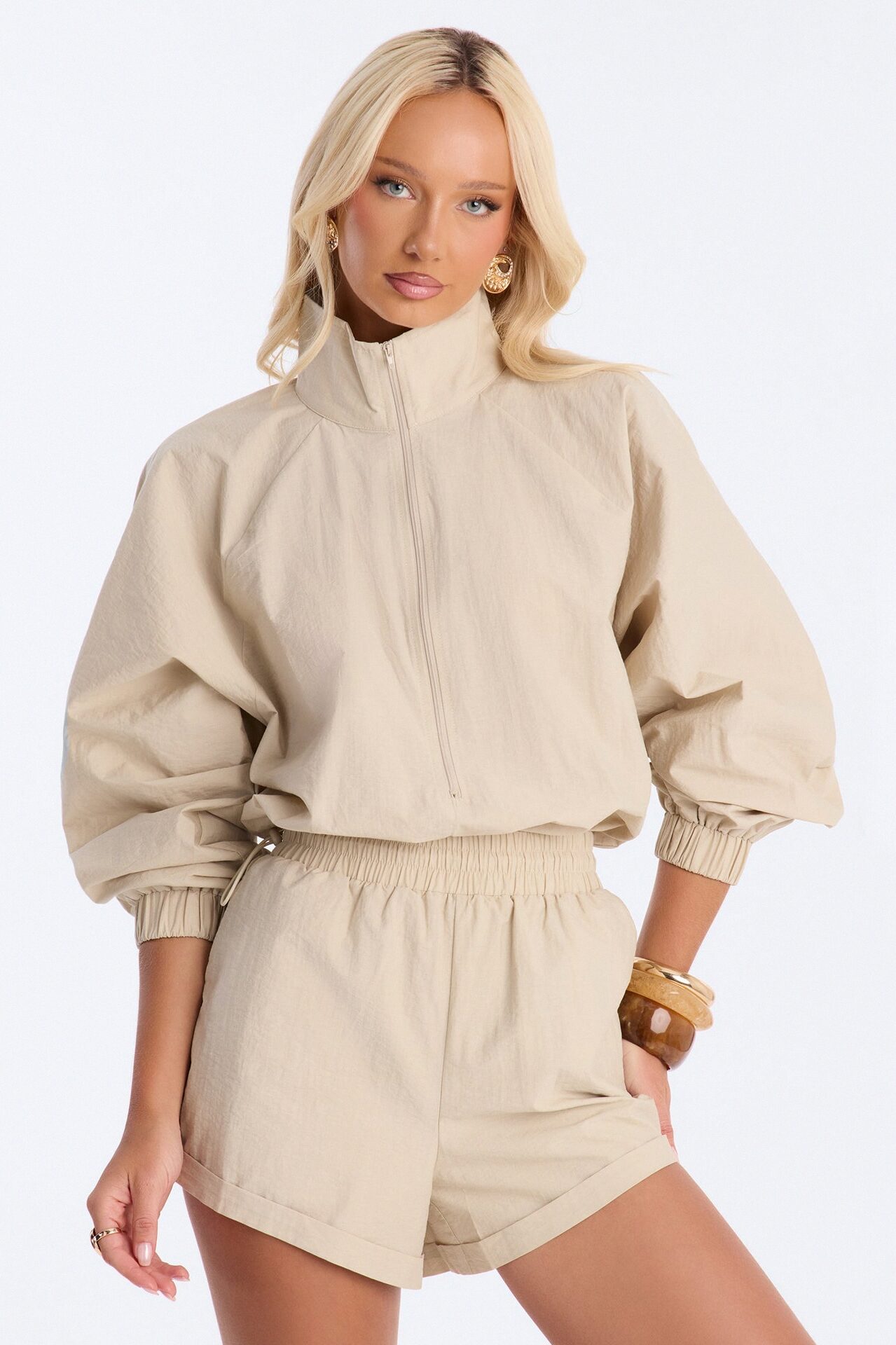 On The Move Windbreaker Long Sleeve Romper - Tan