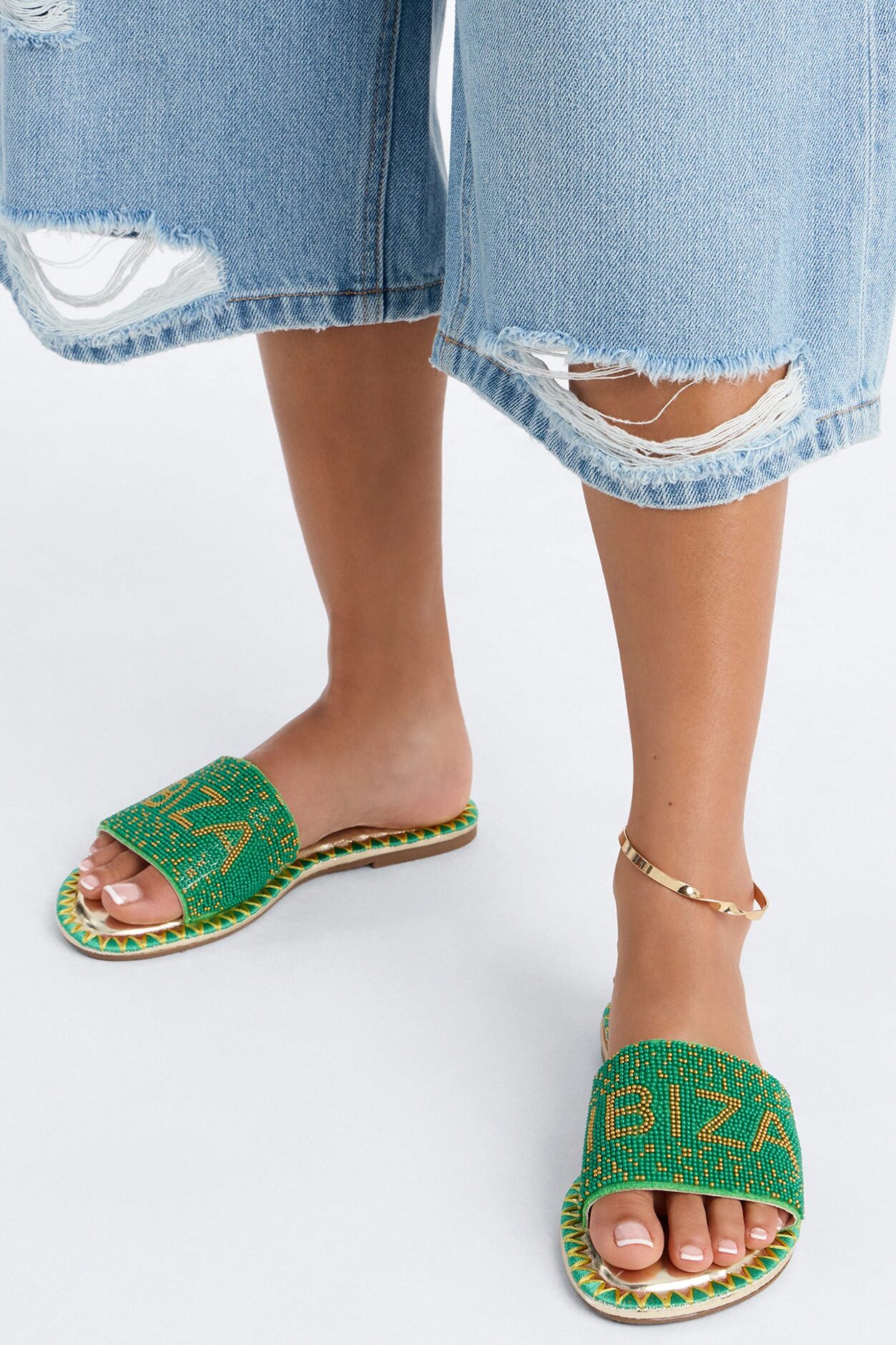 Ibiza Beaded Slip On Sandals - Green