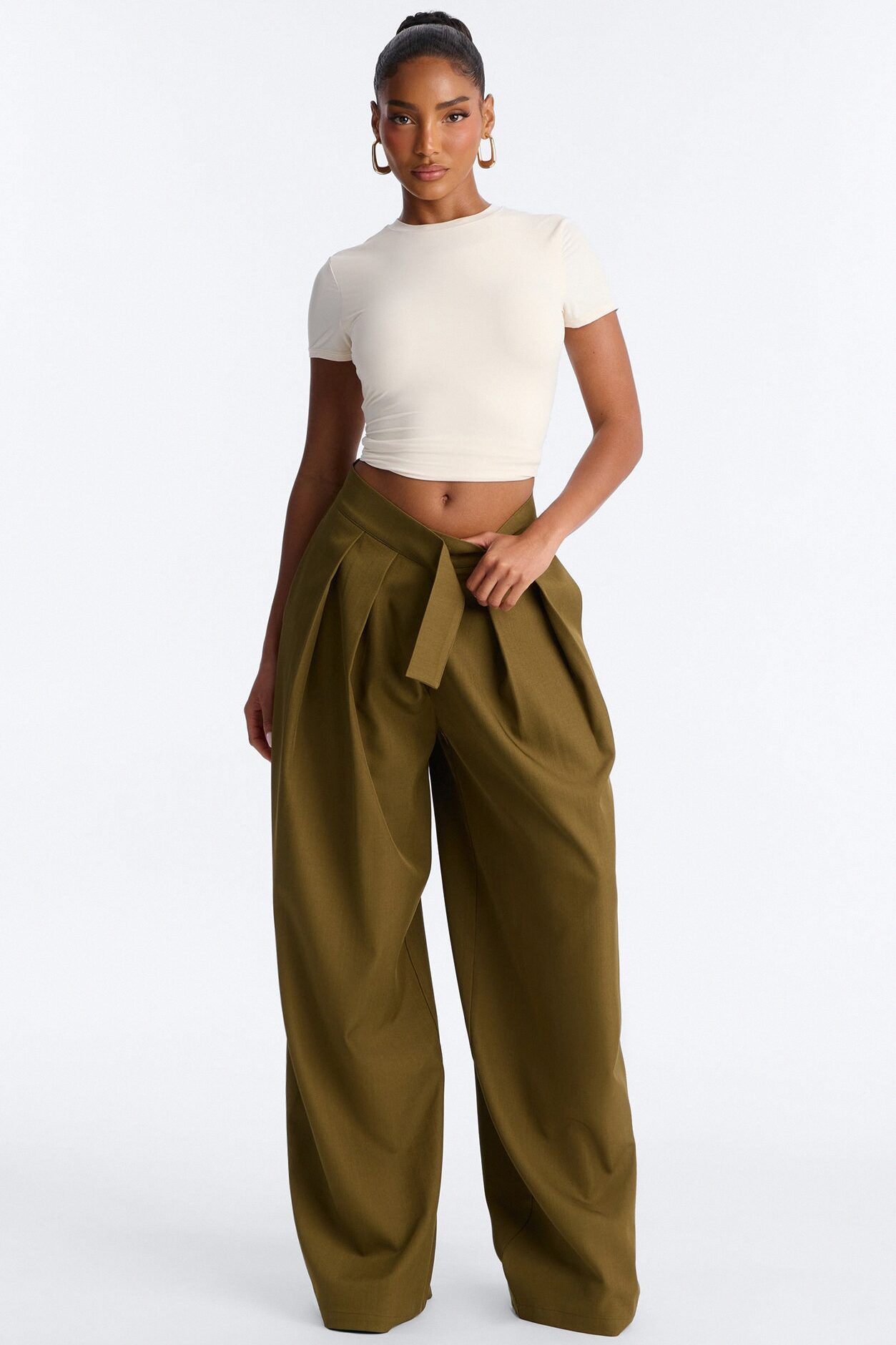 Vivienne Pleated Pull Tab Wide Leg Trouser - Olive
