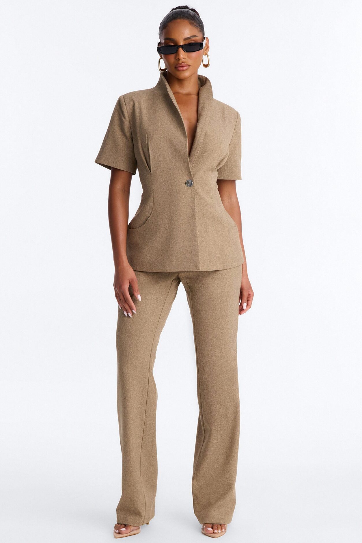 Panthere Short Sleeve Rounded Stand Collar Blazer - Caffe