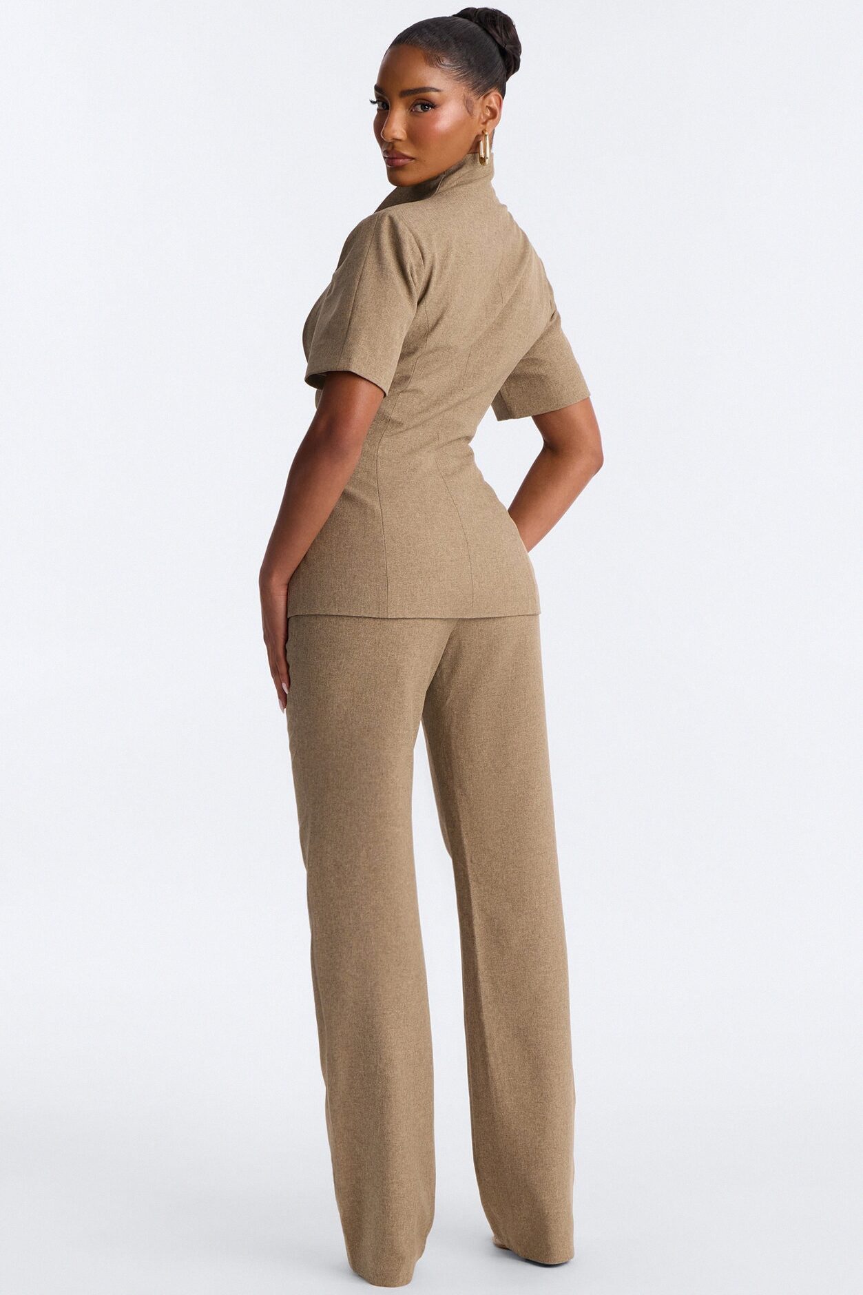 Panthere Short Sleeve Rounded Stand Collar Blazer - Caffe