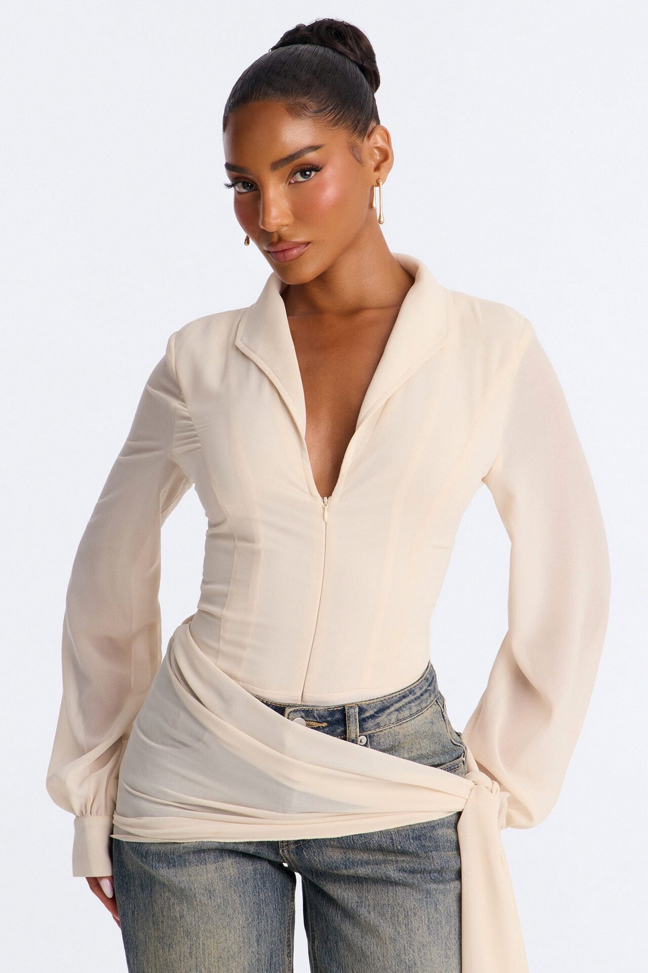 She Defines Chic Lace Up Chiffon Bodysuit - Cream