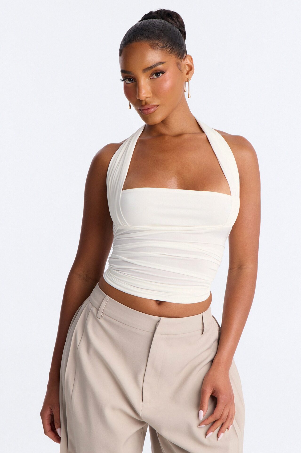Don't Overthink Ruched Halter Top - White