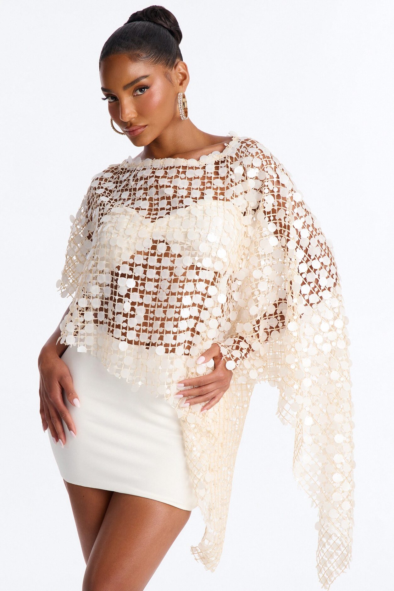 My Moment Embellished Poncho 3 Piece Skirt Set - Cream