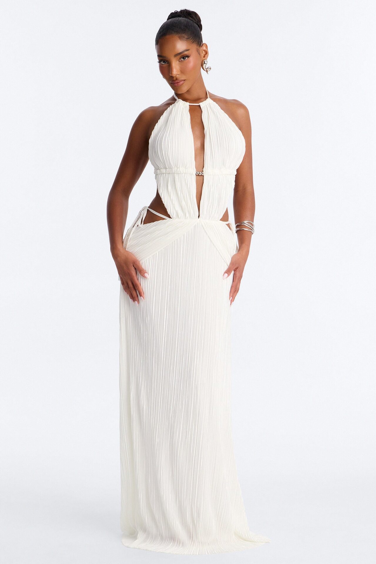 Nissa Plisse Halter Maxi Dress - White