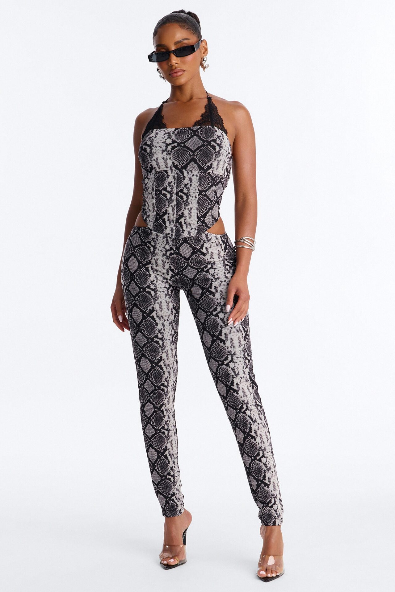 Styla Mesh Lace Trim Catsuit - Black/White