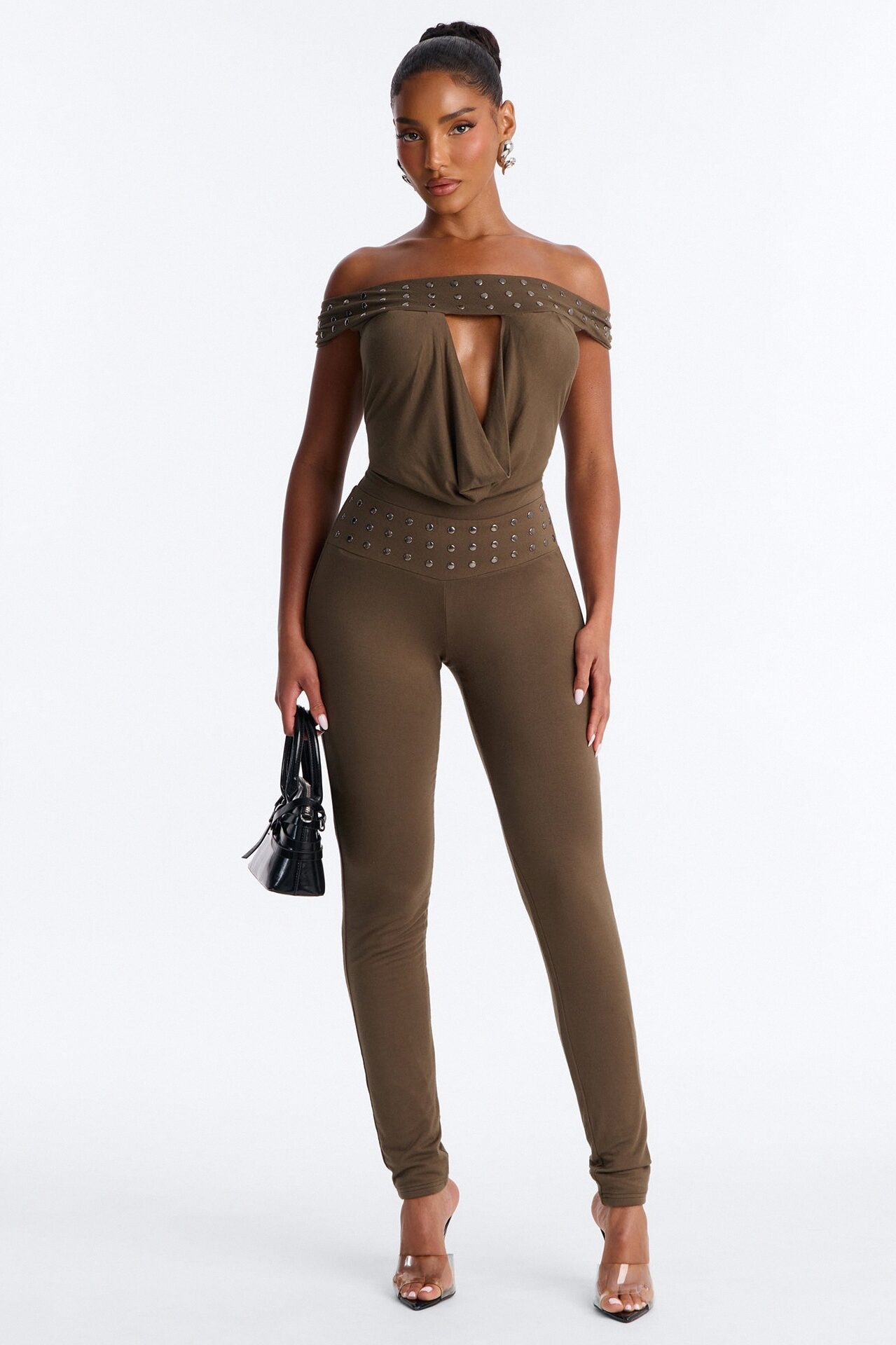Casey Studded Cowl Catsuit - Olive
