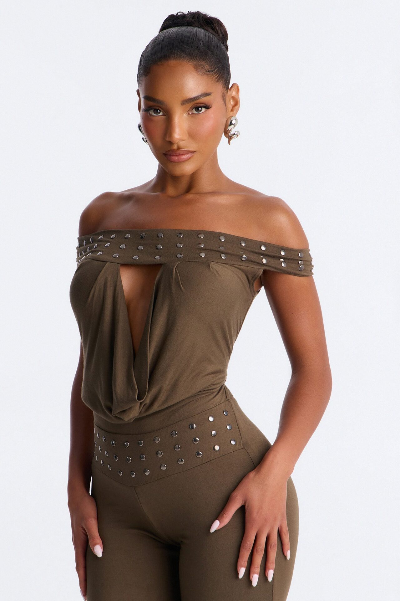 Casey Studded Cowl Catsuit - Olive