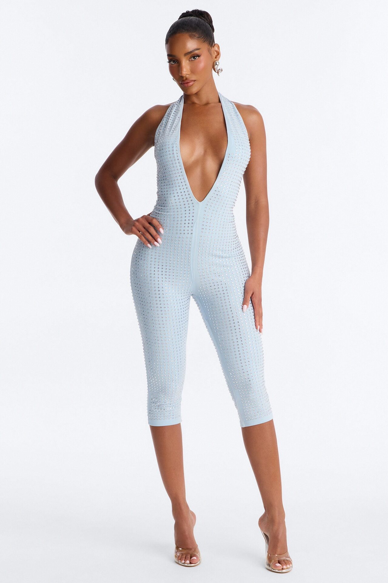 Nelly Embellished Plunge Catsuit - Light Blue