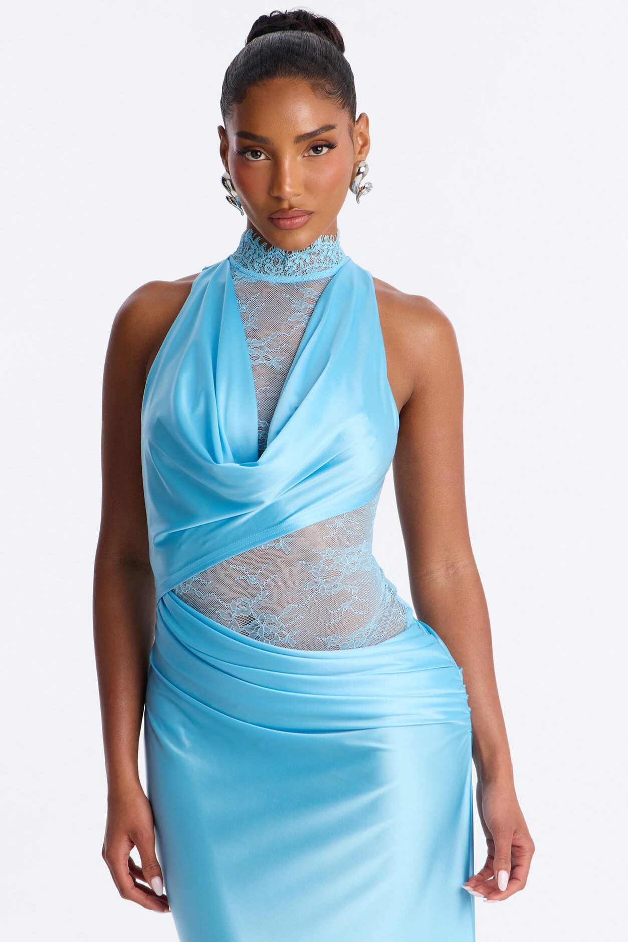 A Night Off Satin Lace Gown - Blue/combo