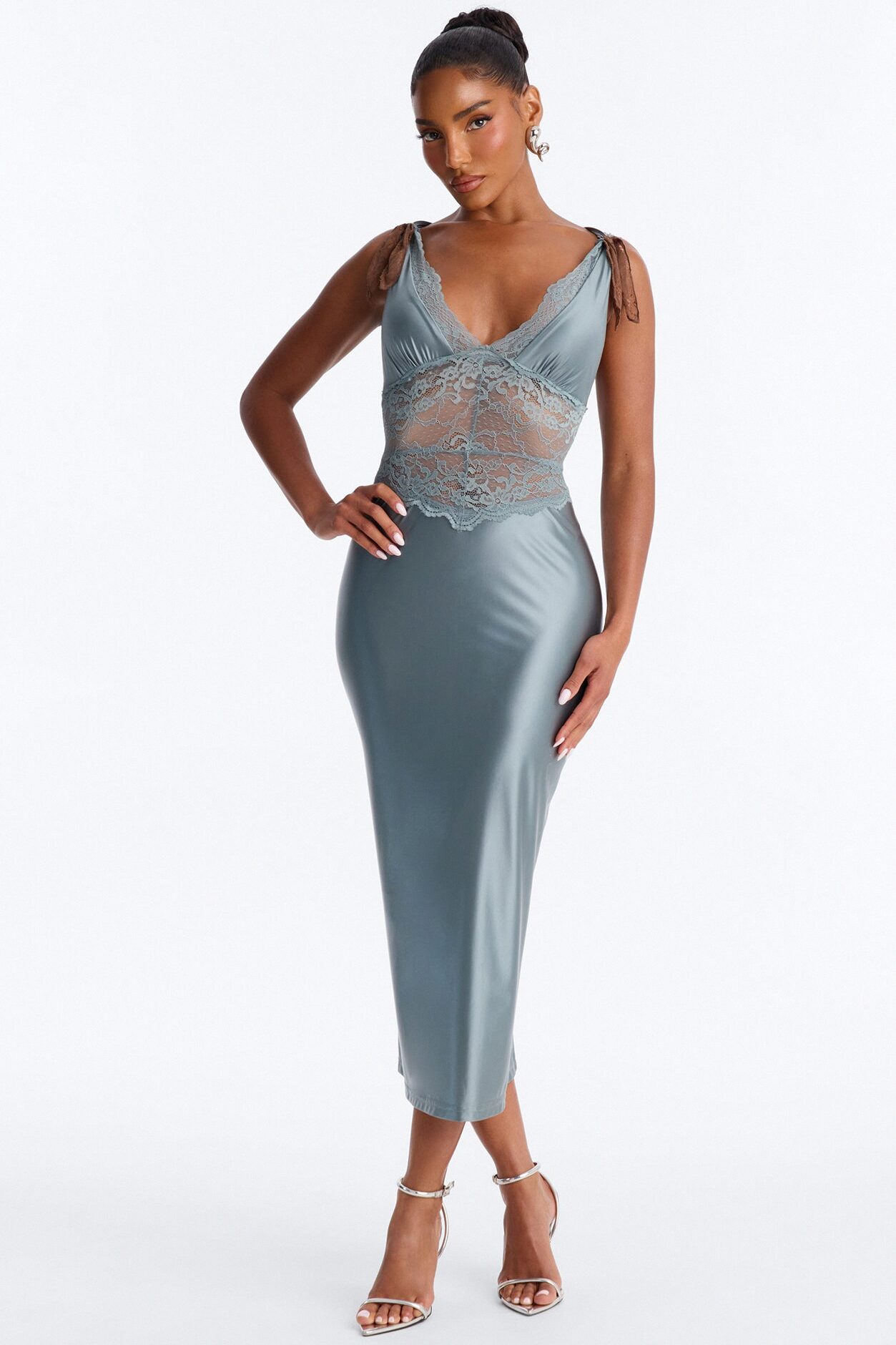 Alina Lace Satin Midi Dress - Blue