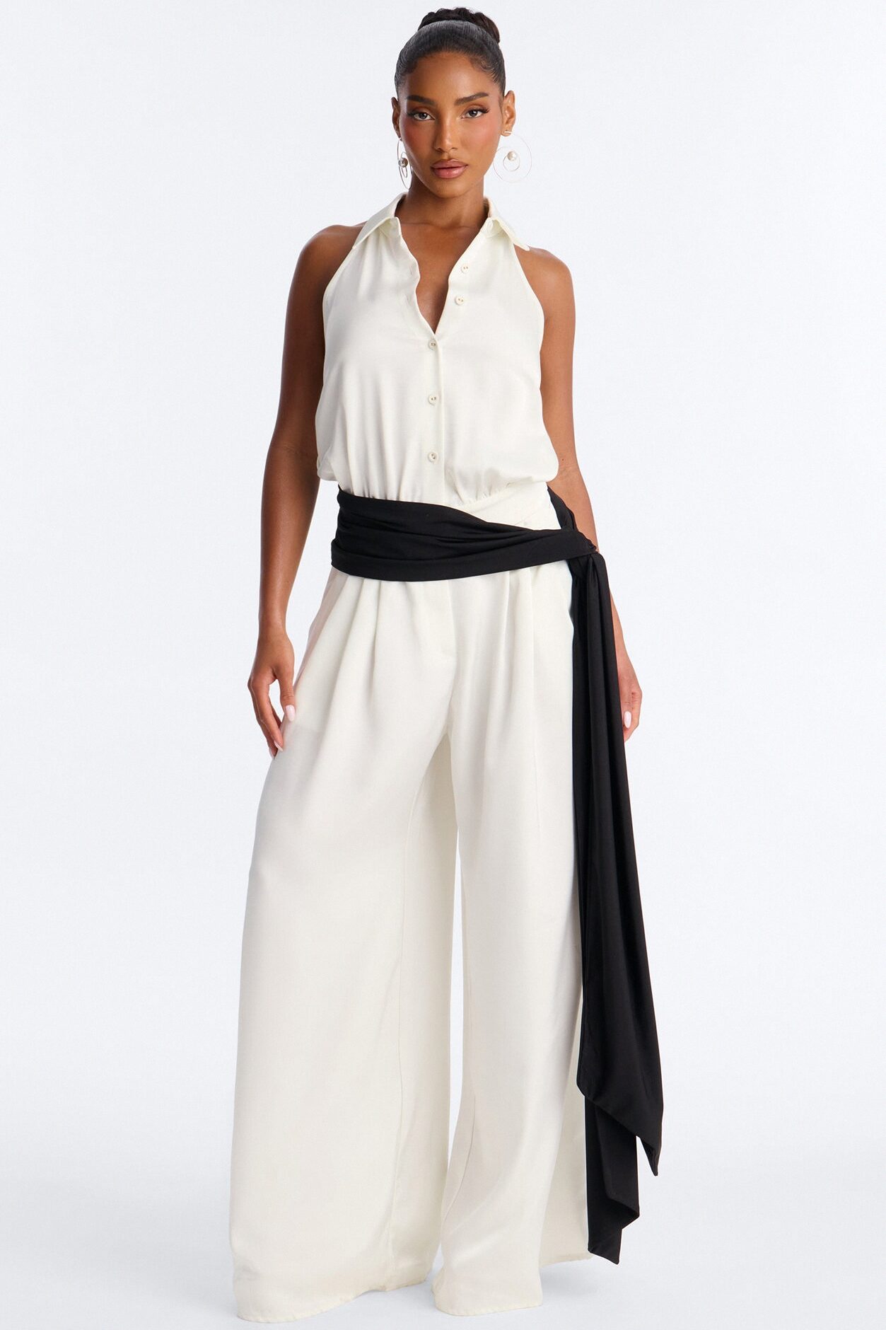 Brea Wide Leg Waist Scarf Jumpsuit - Ivory