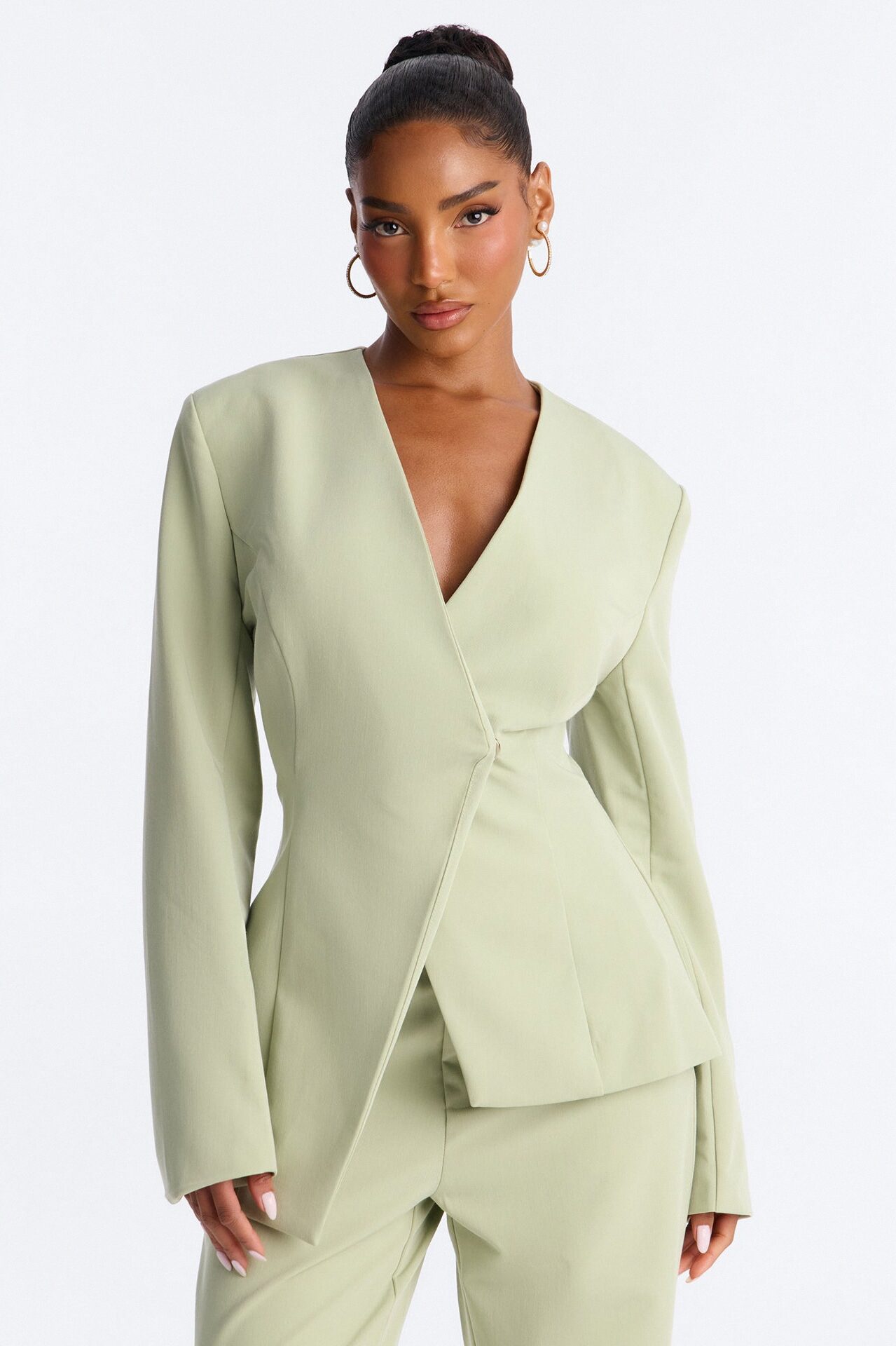 Miss Fabulous Collarless Fitted Blazer - Sage