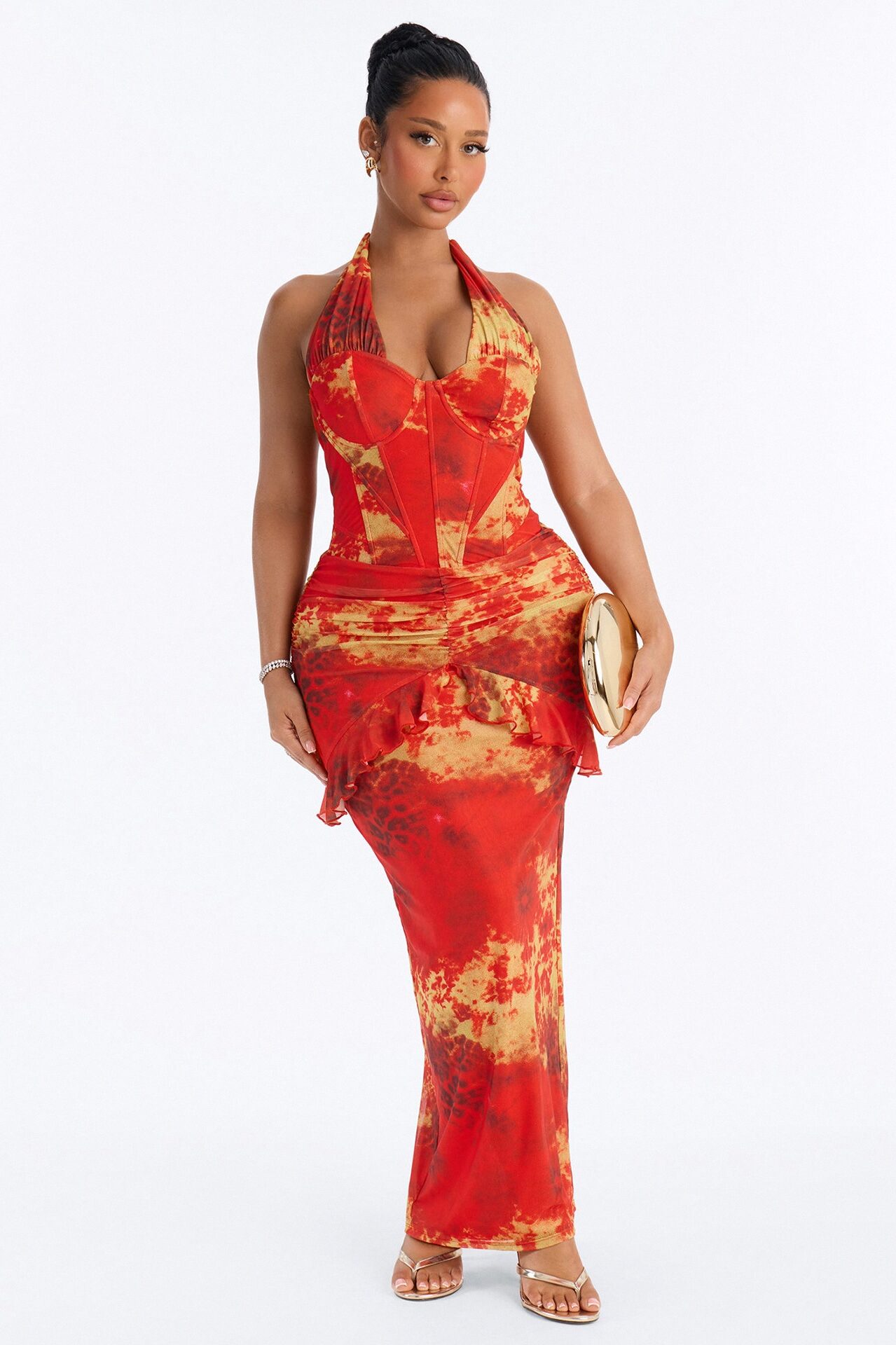 Siren Corset Mesh Maxi Dress - Orange/combo