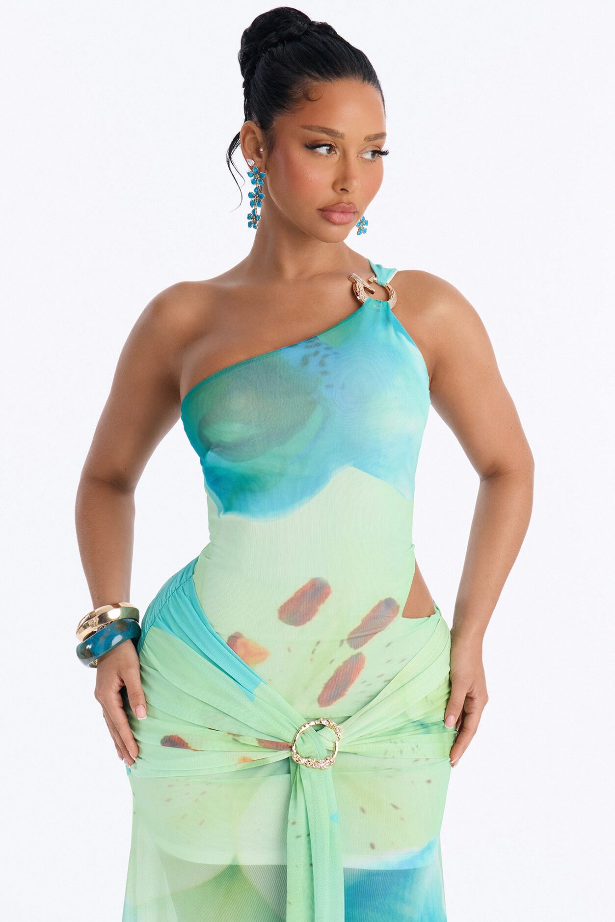 Odessa Mesh Maxi Dress - Aqua/Combo