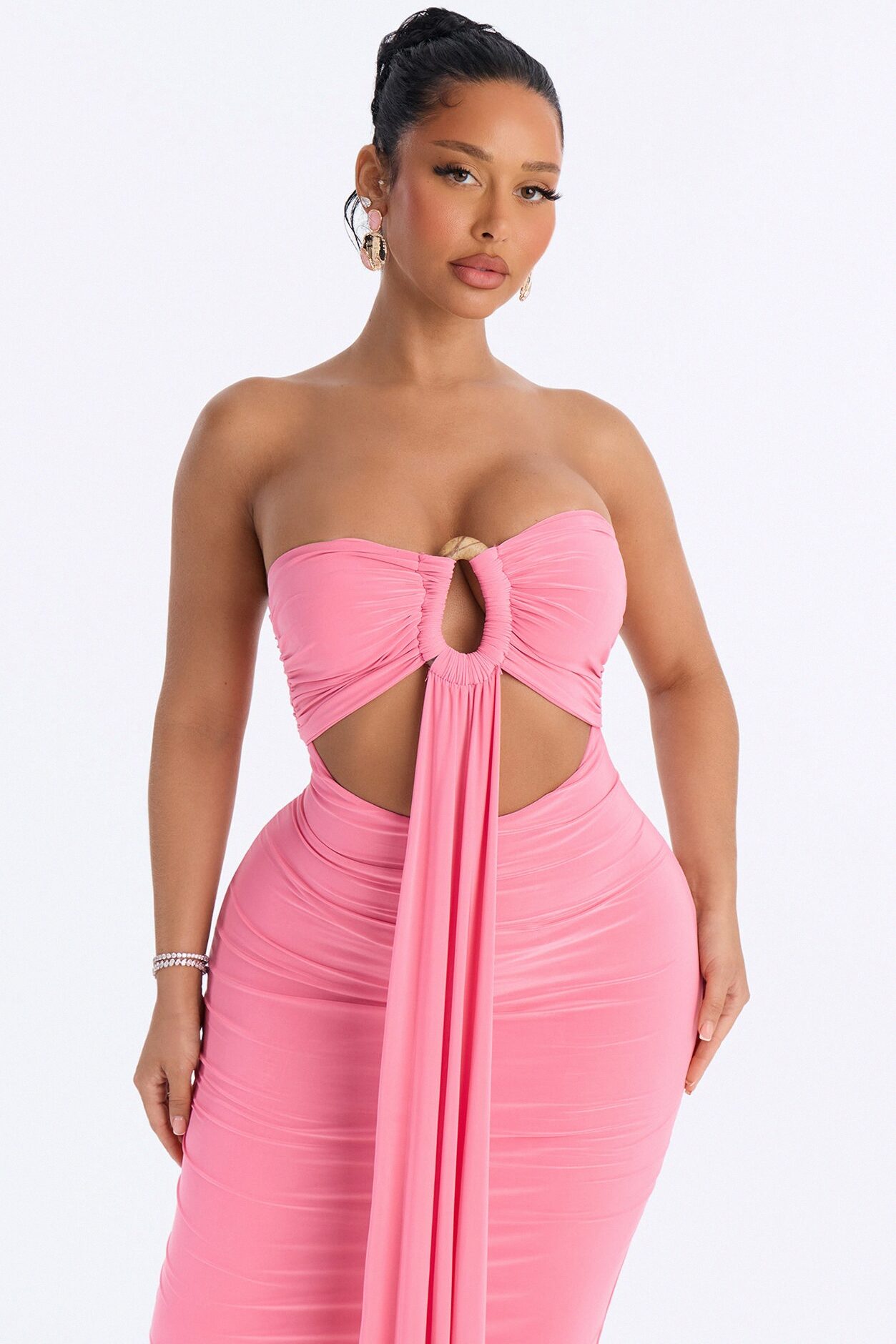 Heating Up Draped Strapless Maxi Dress - Pink