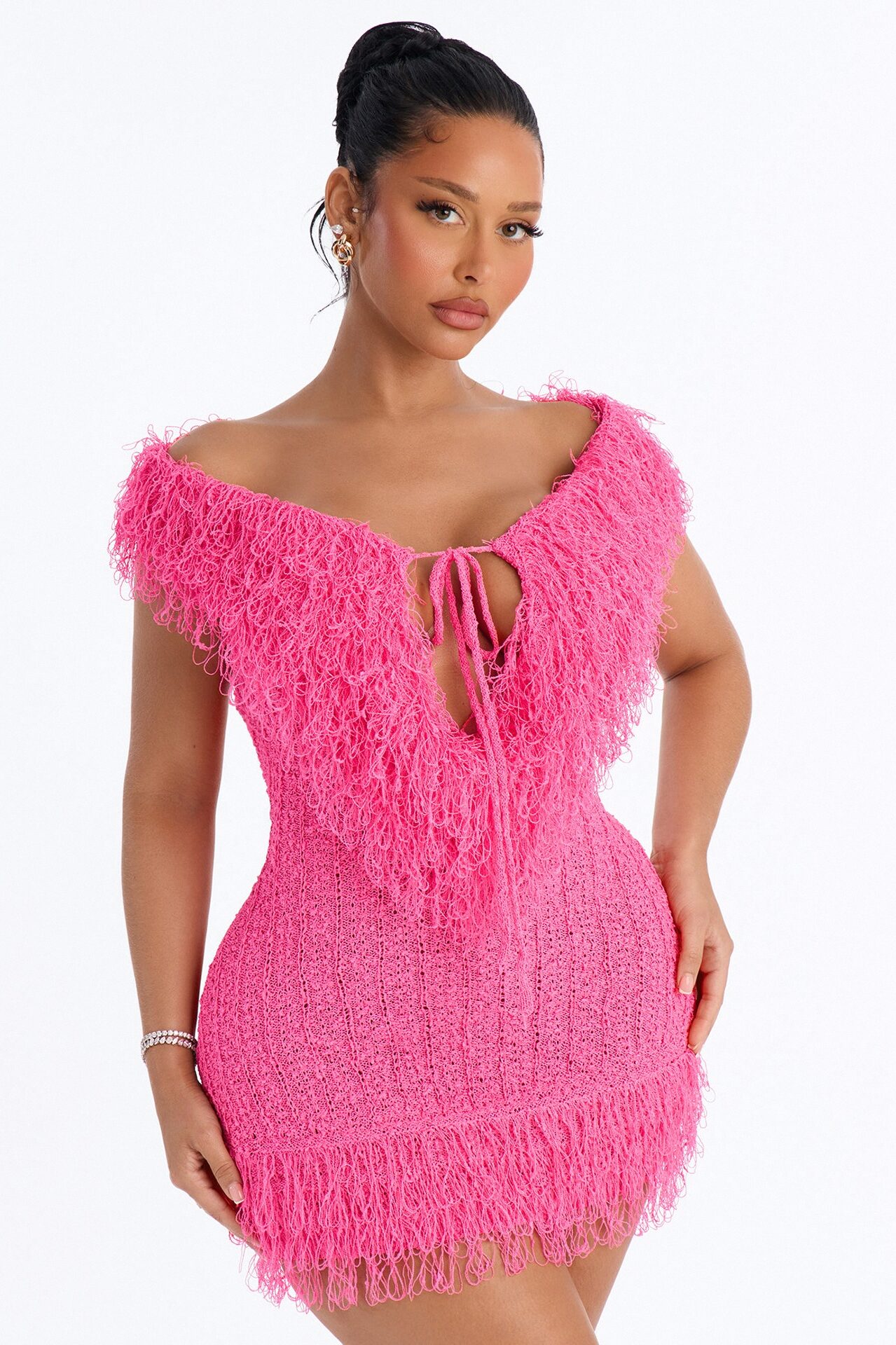 Nina Deep Cowl Sweater Mini Dress - HotPink