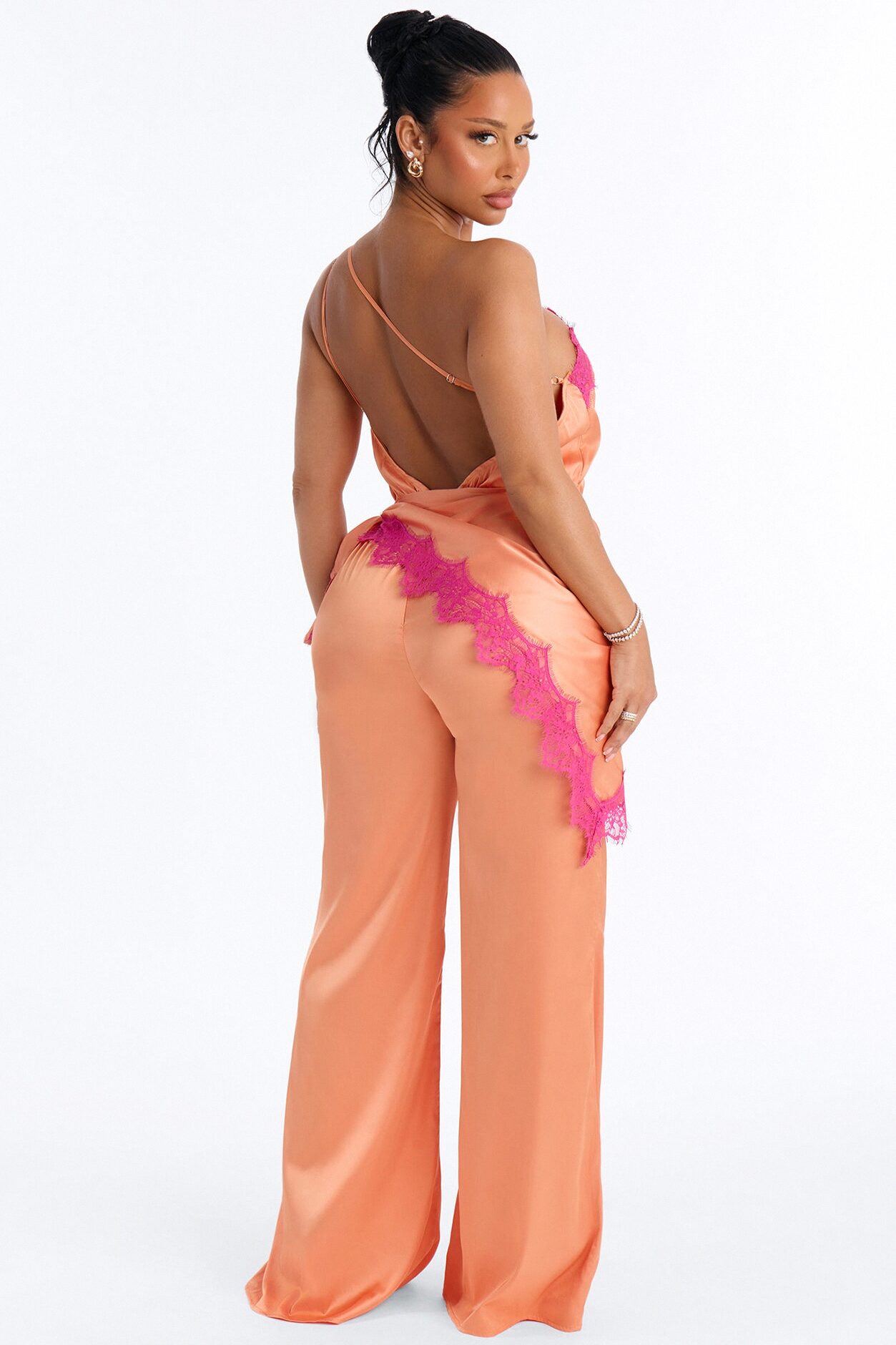 Valeria Satin Waist Scarf Wide Leg Jumpsuit - Orange
