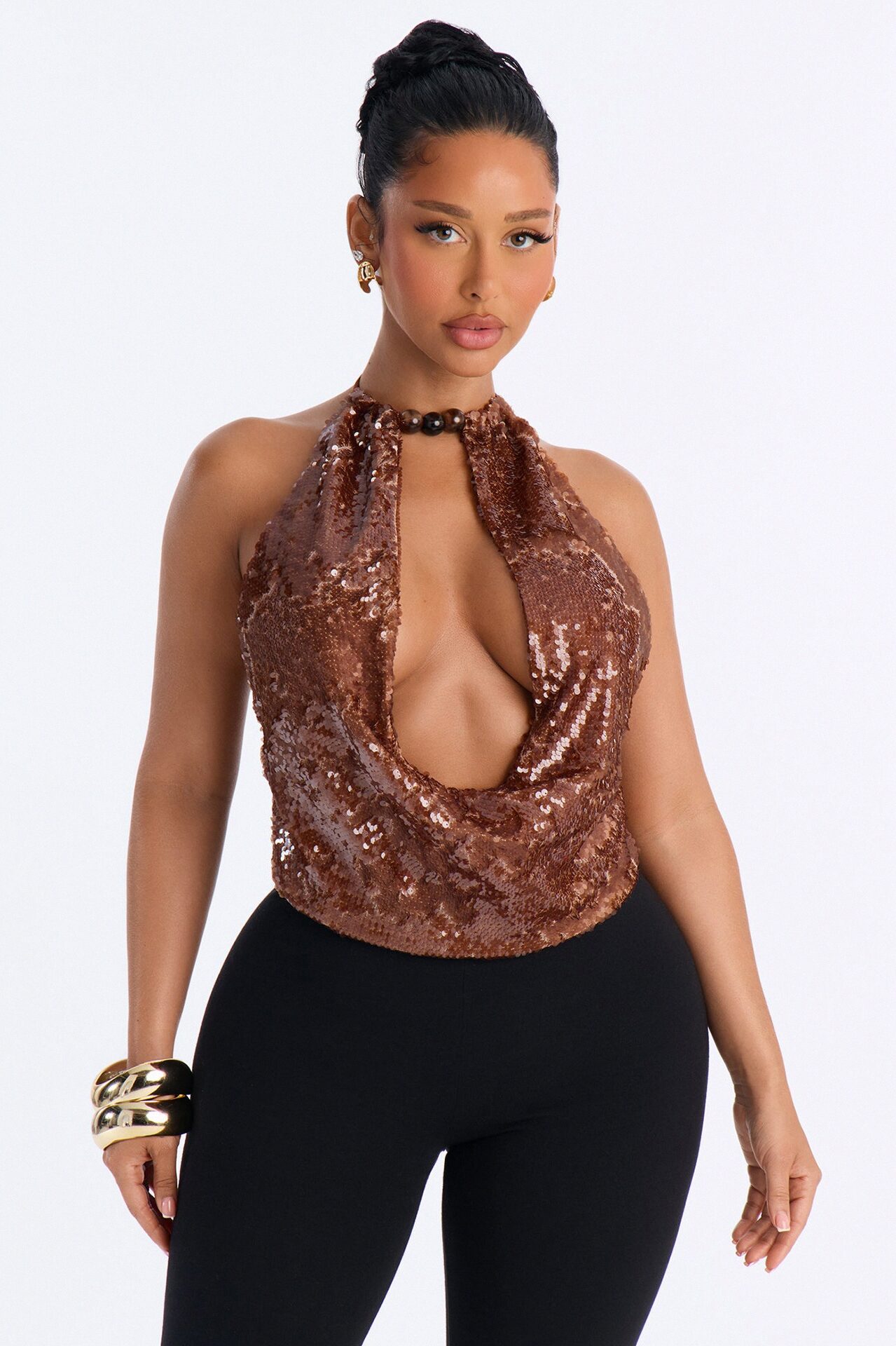Maui Beaded Sequin Deep Cowl Halter Top - Chocolate