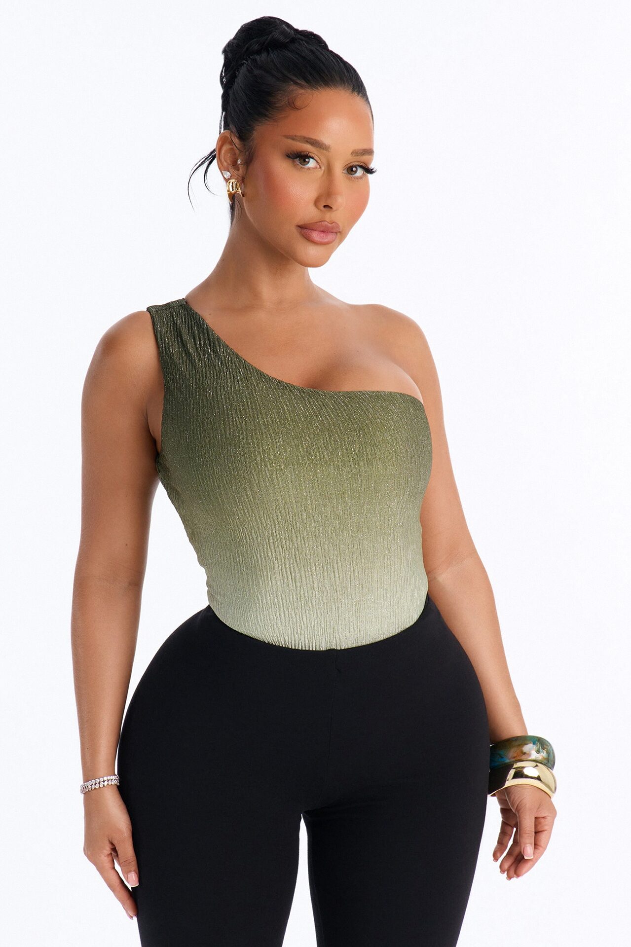 Olivia Ombre Metallic One Shoulder Bodysuit - Green/combo