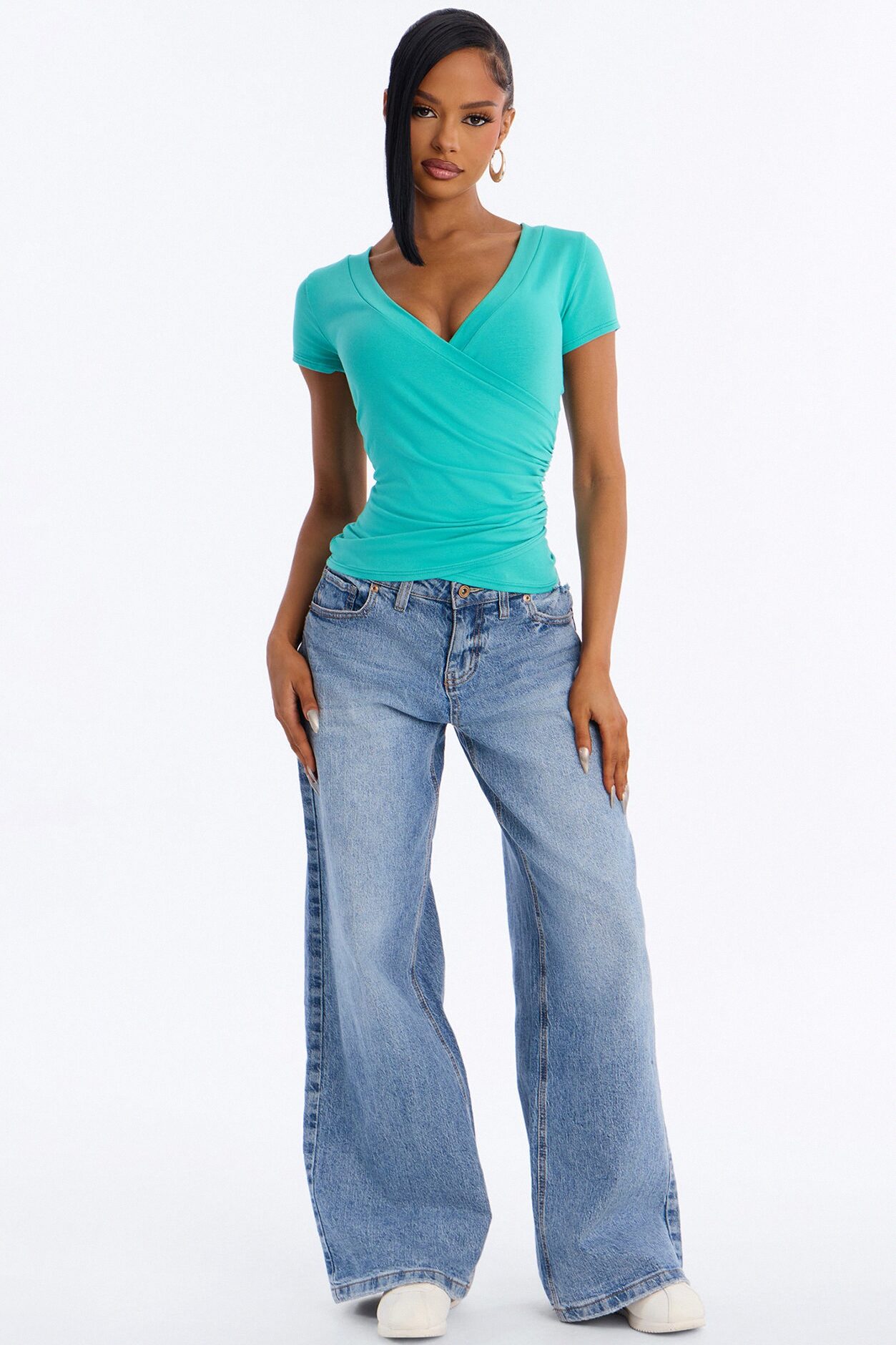 Summer Prep Ruched V-Neck Short Sleeve Top - Turquoise