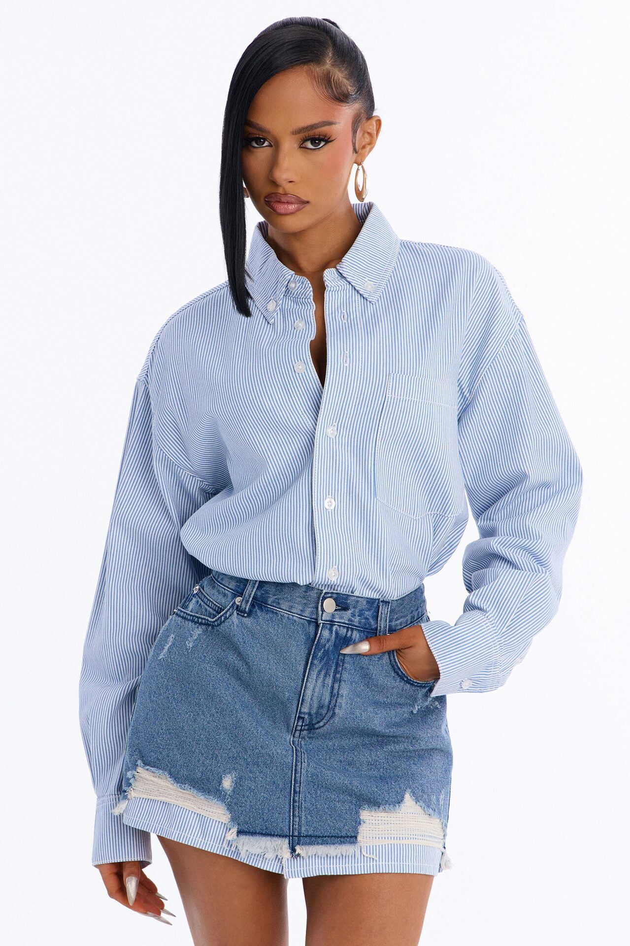 Slay Every Day Striped Collar Mini Dress - Blue/combo