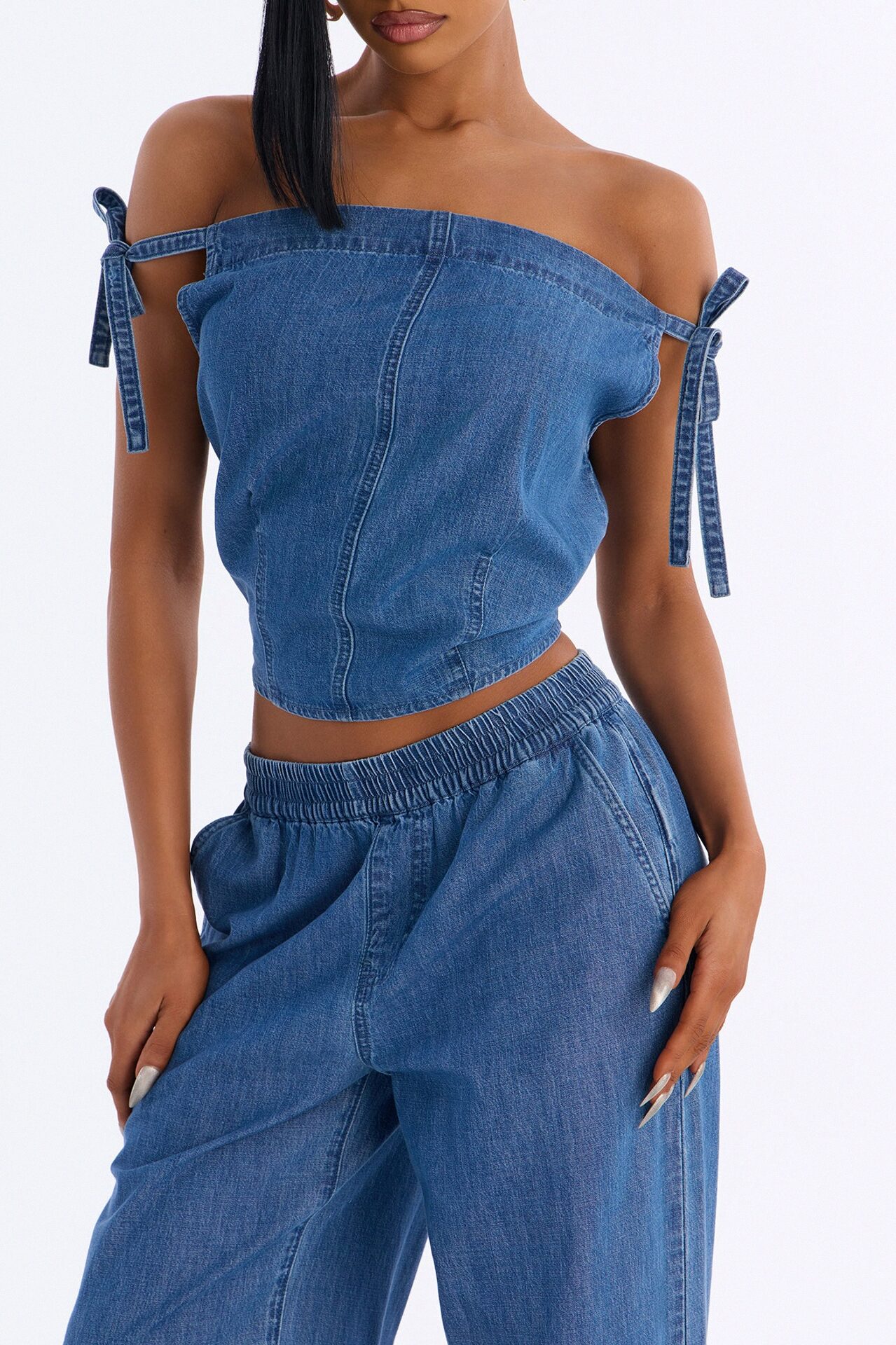 Brynn Off The Shoulder Wide Leg Denim Set - Medium Wash