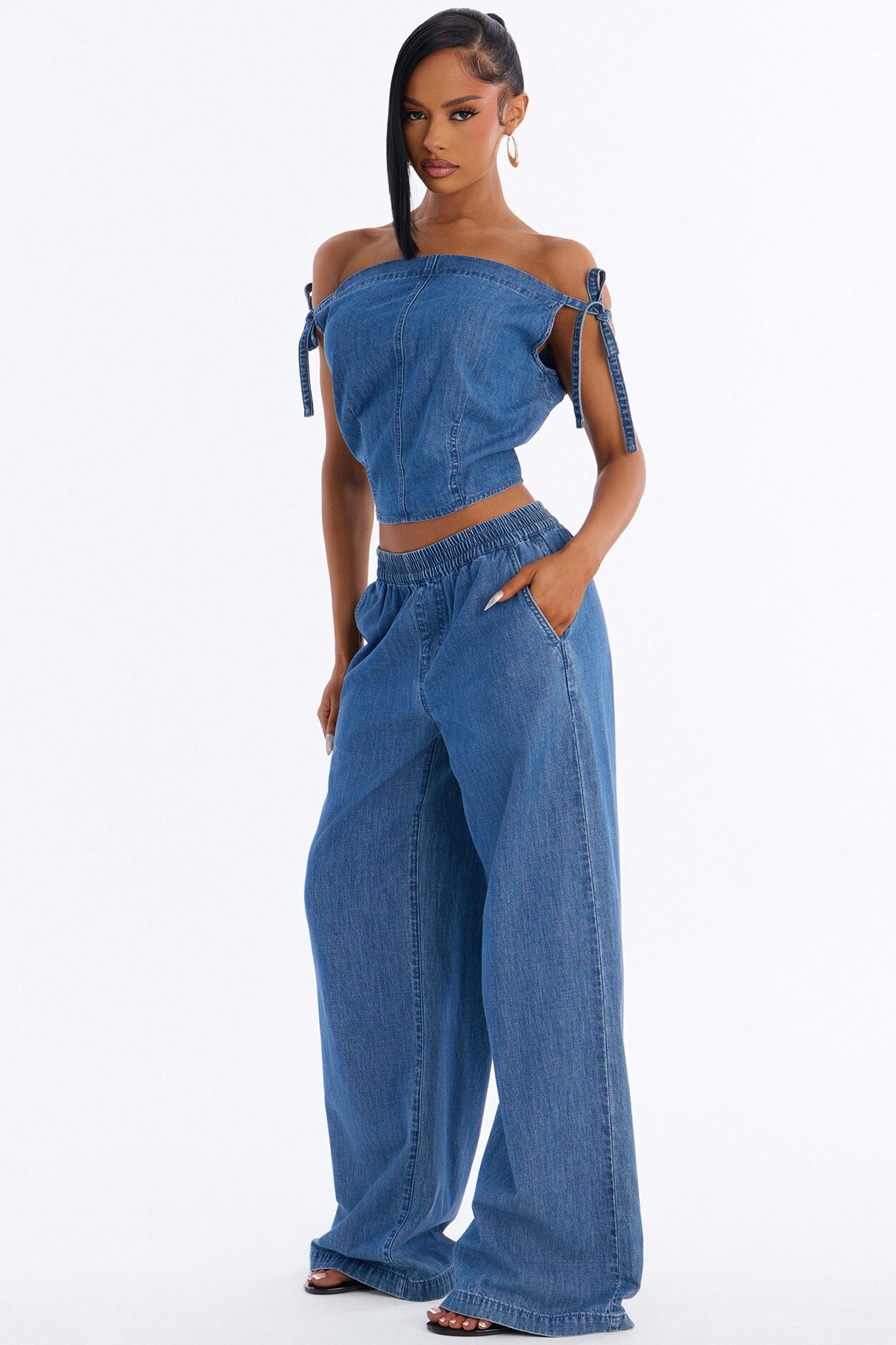 Brynn Off The Shoulder Wide Leg Denim Set - Medium Wash