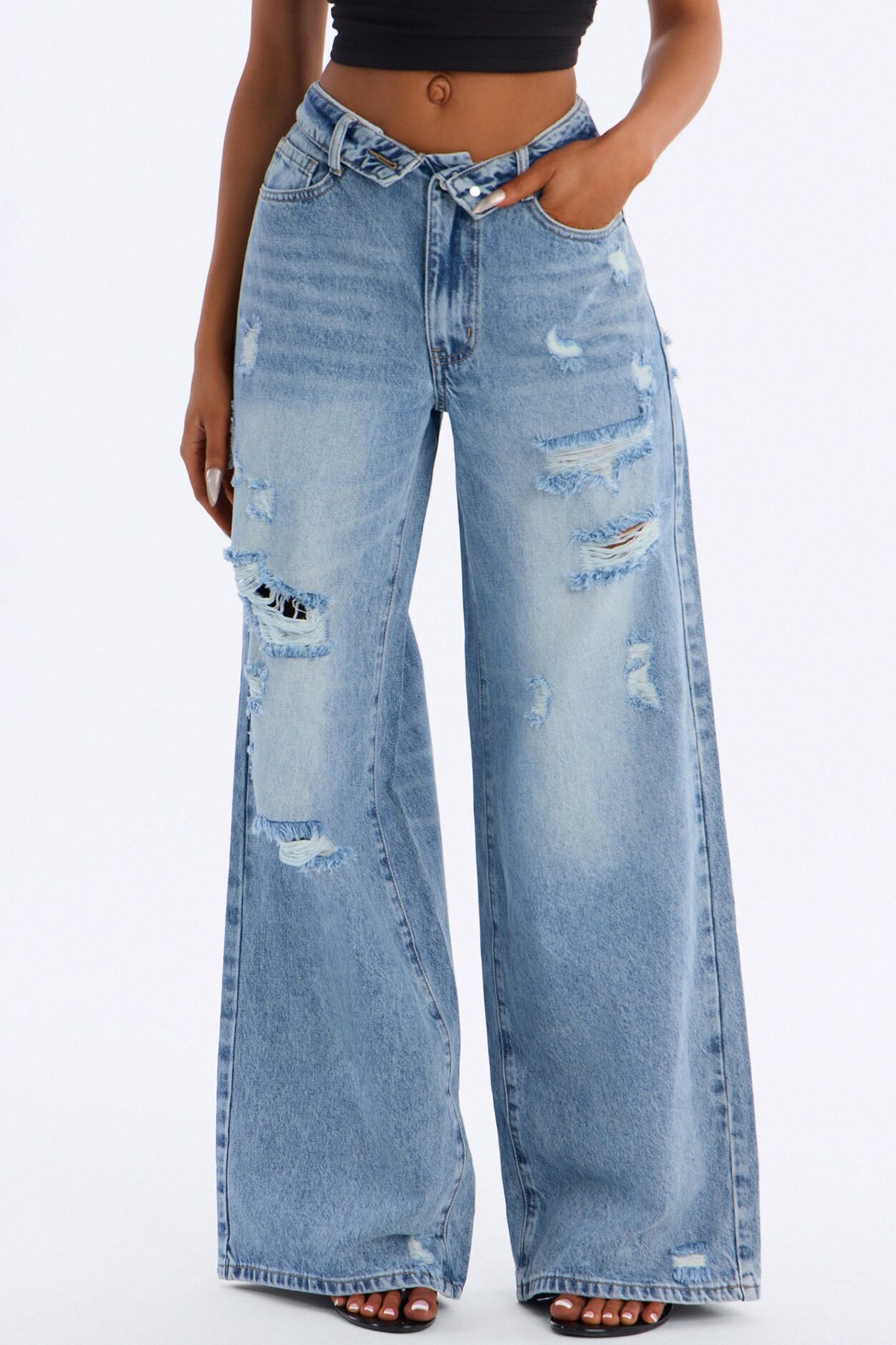 Undone Foldover Ripped Low Rise Wide Leg Jeans - Light Wash